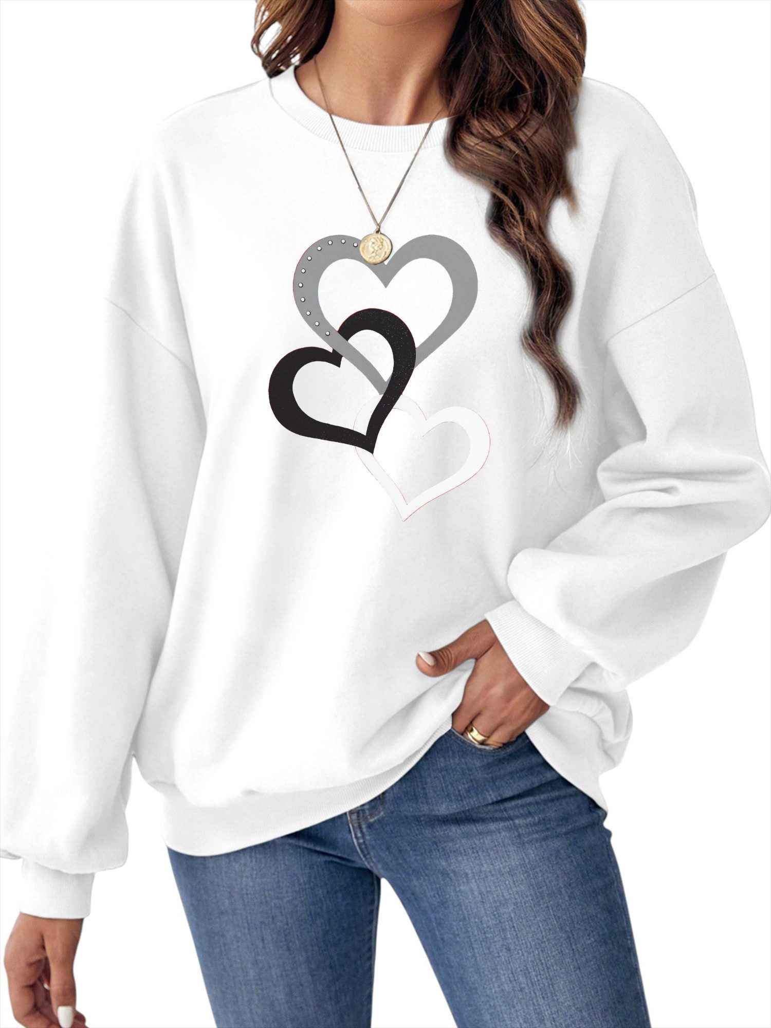 Fleecepullover Damen Casual Sweatshirts mit Druck,Langarm Lose Pullover Top