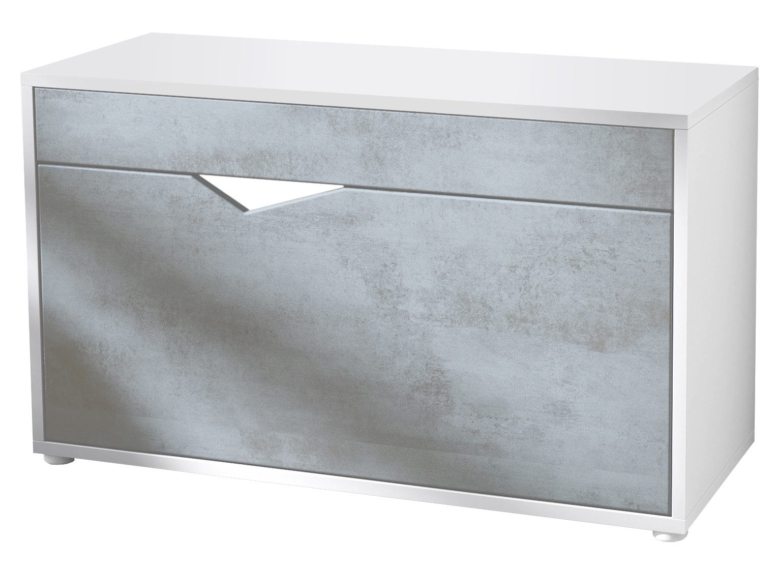 Vladon Schuhschrank Kolmio (Sitzbank, für 8 Paar Schuhe mit Sitzfläche) Weiß matt/Beton Oxid Optik (85 x 50 x 33 cm)
