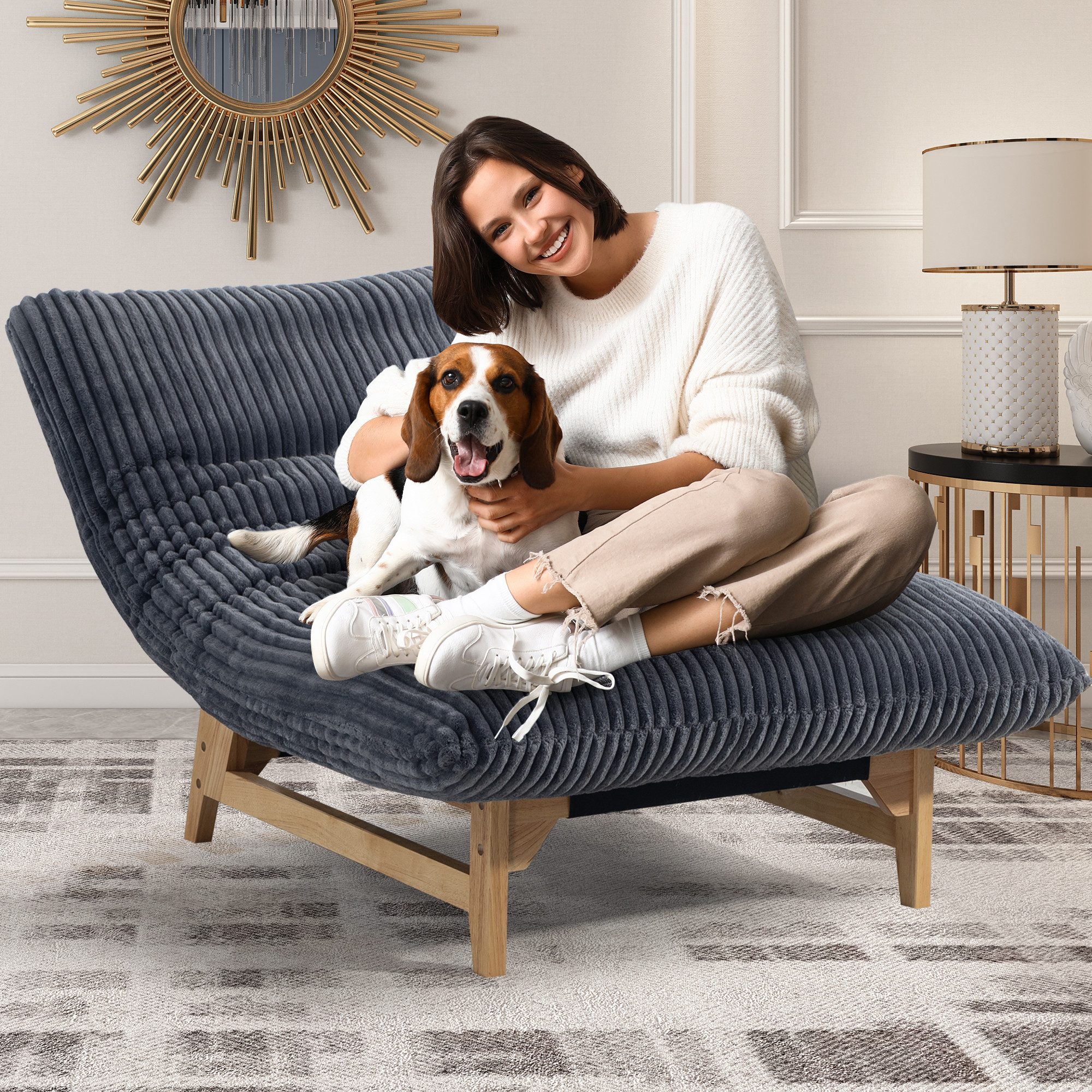 KLAM HOME Relaxsessel Loungesessel Sessel für Erwachsene Weißer Kordelstoff (Akzent-Sessel ohne Arme mit Rückenlehne Ergonomisch), Einzelsessel für Wohnzimmer Schlafzimmer Einrichtung Akzentmöbel