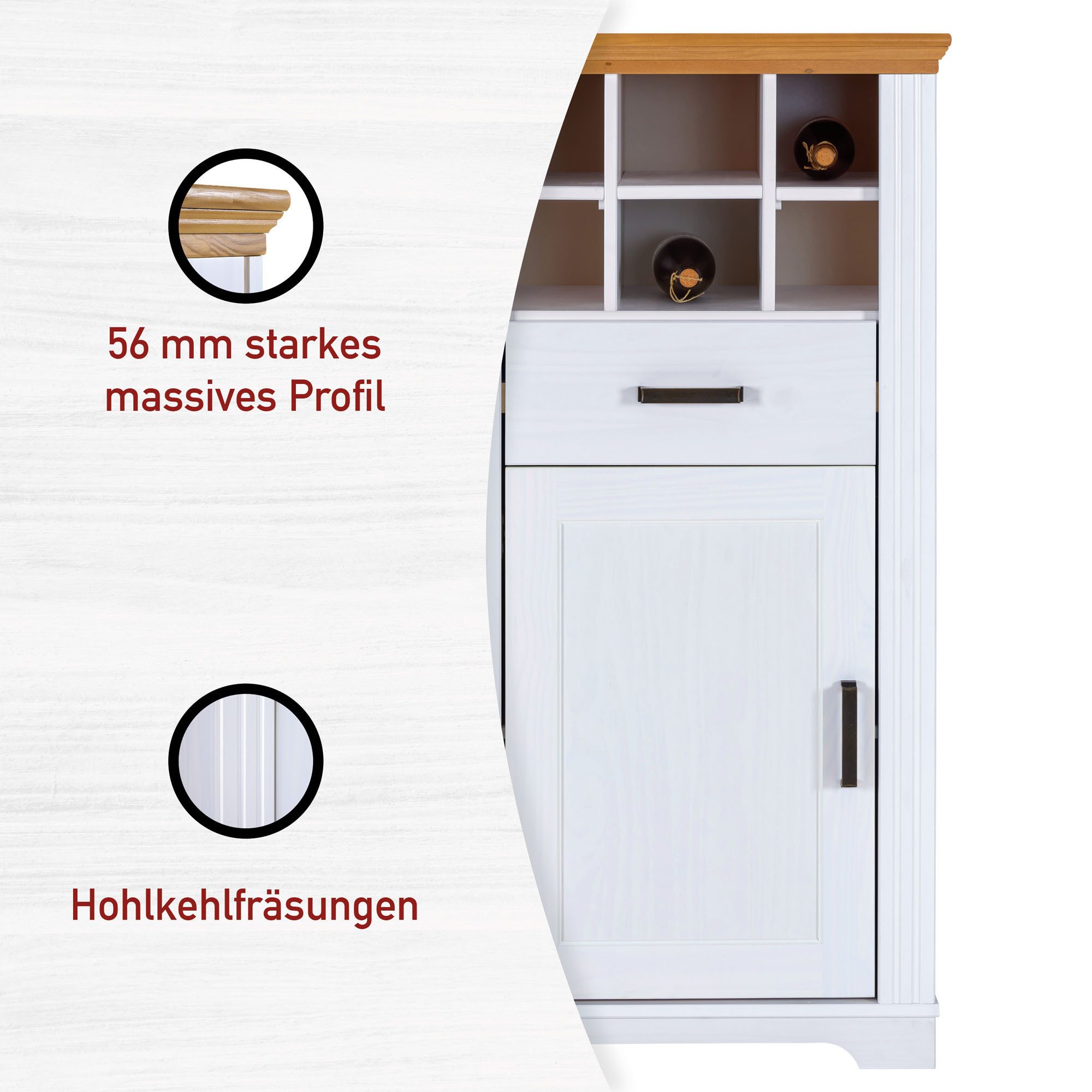 Inter Link Highboard Maluno, Kiefer Massivholz, Weinschrank, Stauraummöbel (1 St), Kommode mit Soft-Close, BxTxH: ca. 68 x 48 x 136 cm