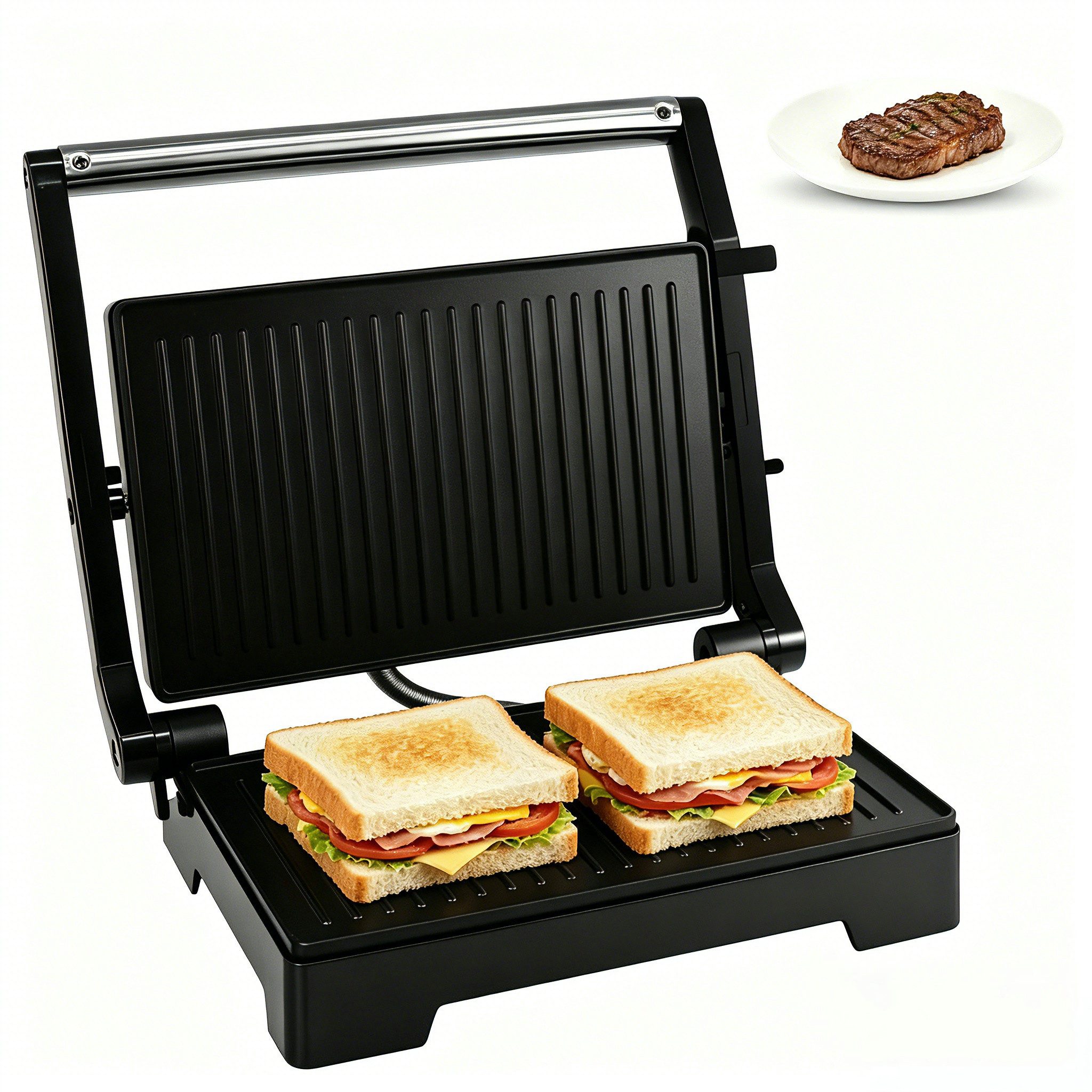 OZAVO Kontaktgrill Kontaktgrill 1000W Panini Grill & Sandwich Maker geöffneter, 1000 W, Antihaftbeschichtet Elektrogrill leicht zu reinigen