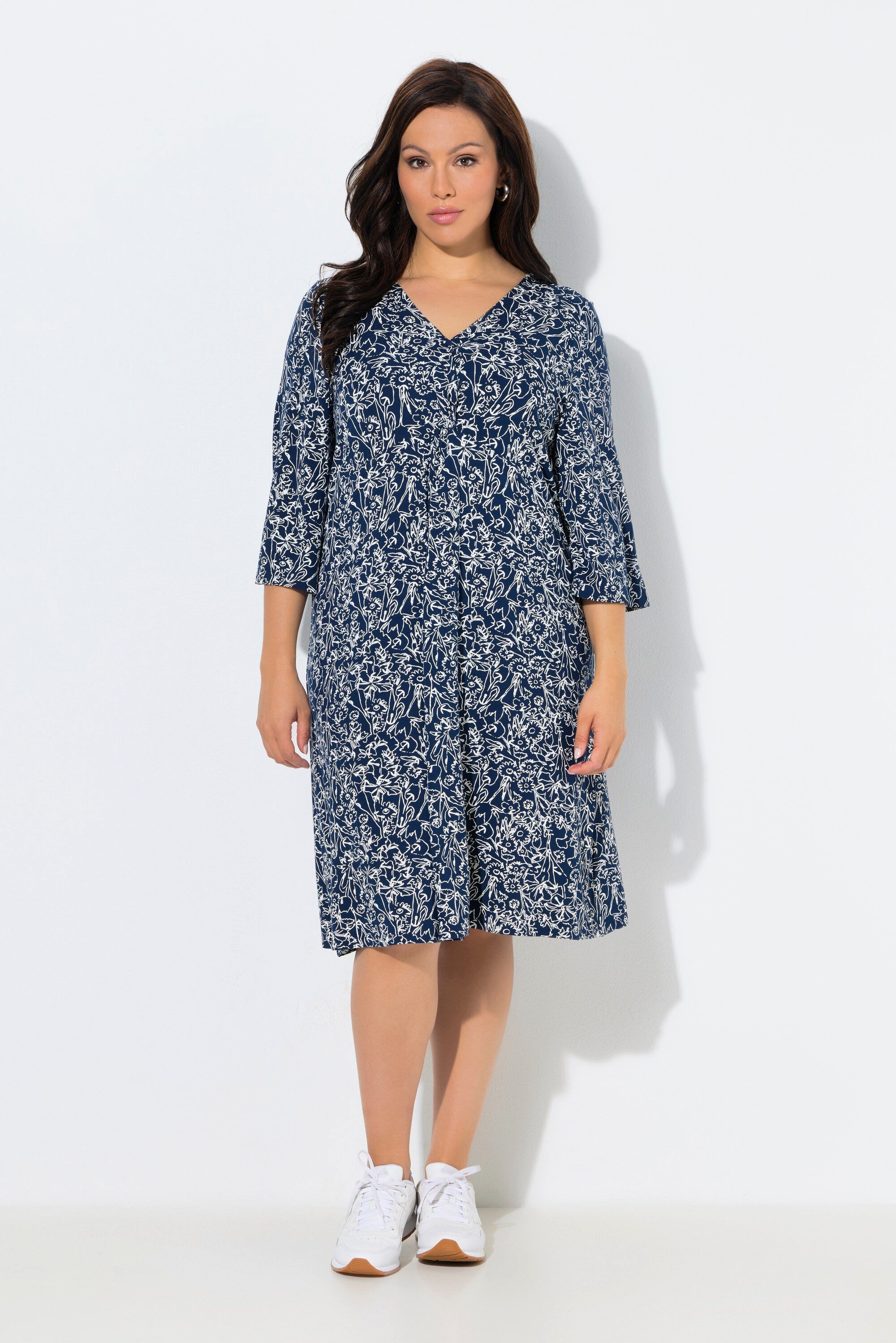 Ulla Popken Midikleid Jerseykleid Raffung A-Linie V-Ausschnitt 3/4-Arm