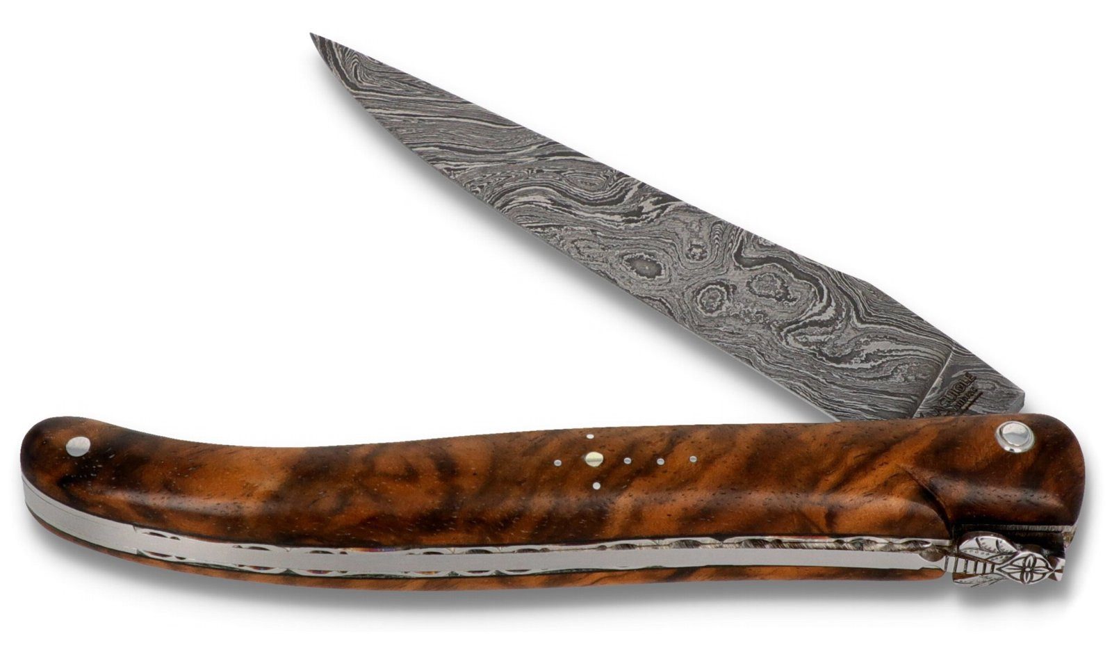 Laguiole en Aubrac Taschenmesser L05/12/U/H/F/I1/LY/X/LEA/BRI, Griff 12cm Walnuss - Platine verziert - Besondere Biene - Damastklinge