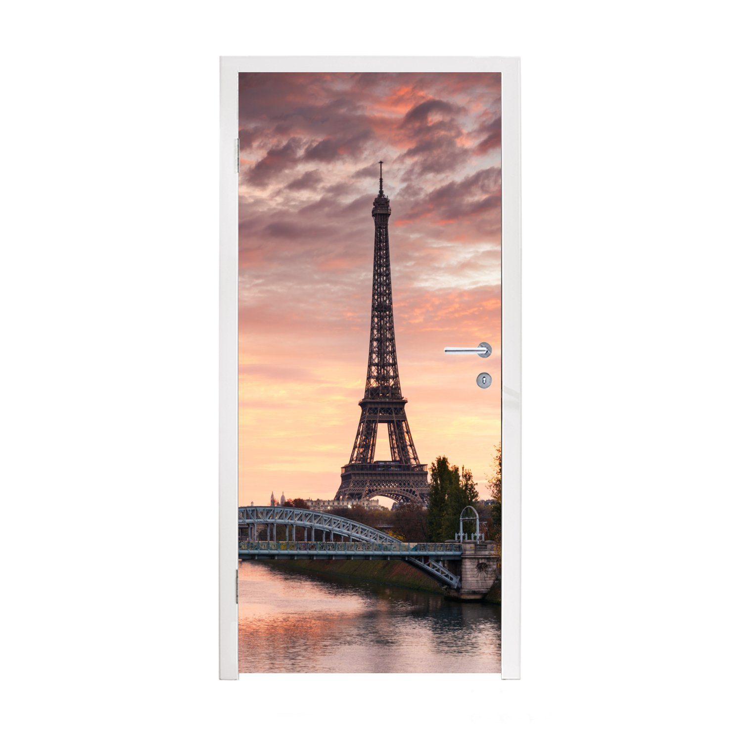 MuchoWow Türtapete Paris - Eiffelturm - Brücke, Matt, bedruckt, (1 St), Fototapete für Tür, Türaufkleber, 75x205 cm