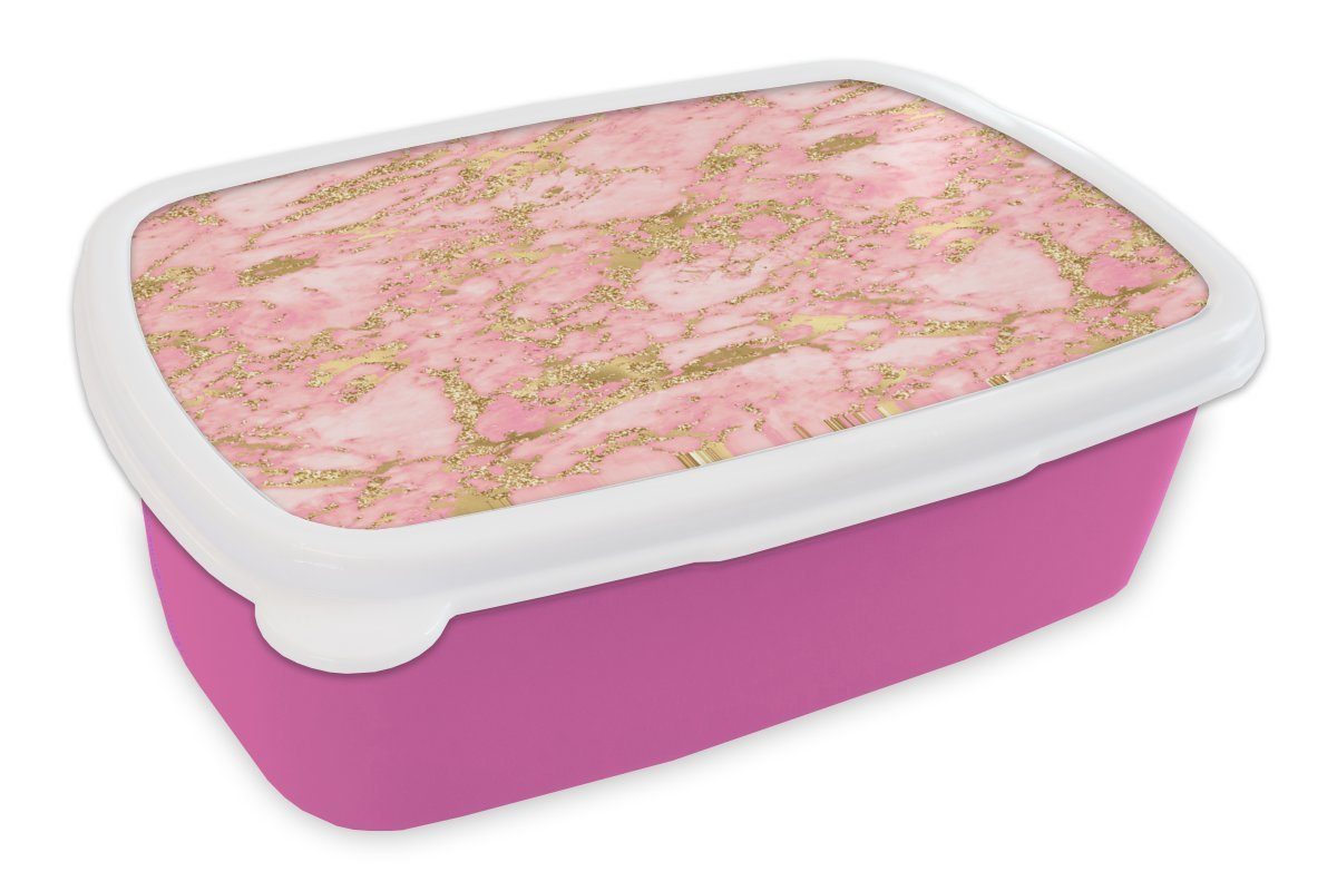 MuchoWow Lunchbox Glitter - Marmor - Gold - Muster, Kunststoff, (2-tlg), Brotbox für Erwachsene, Brotdose Kinder, Snackbox, Mädchen, Kunststoff rosa