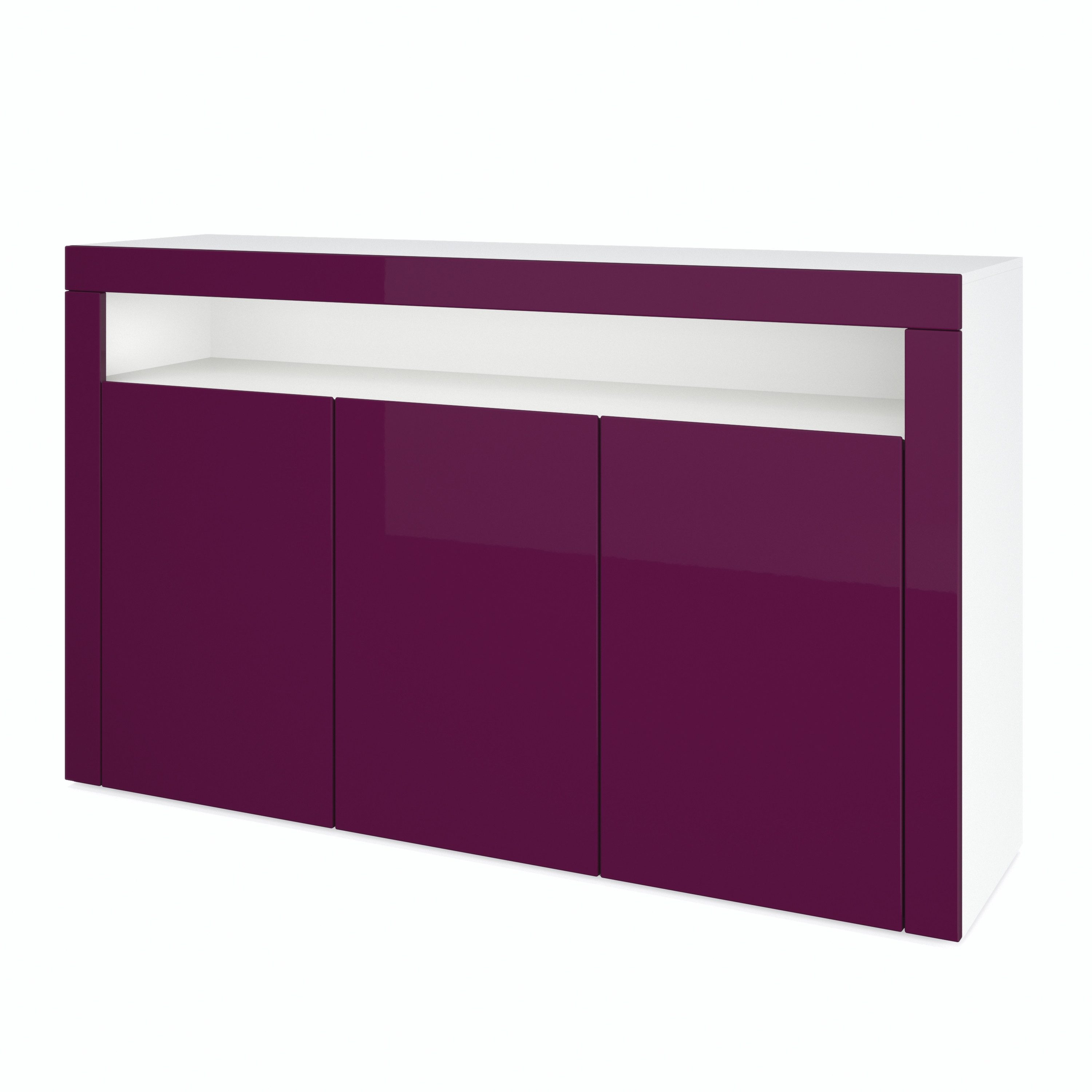 Vladon Sideboard Valencia (Sideboard, mit 3 Türen und 1 offenem Fach), Weiß matt/Brombeer Hochglanz/Brombeer Hochglanz (155 x 92 x 40 cm)