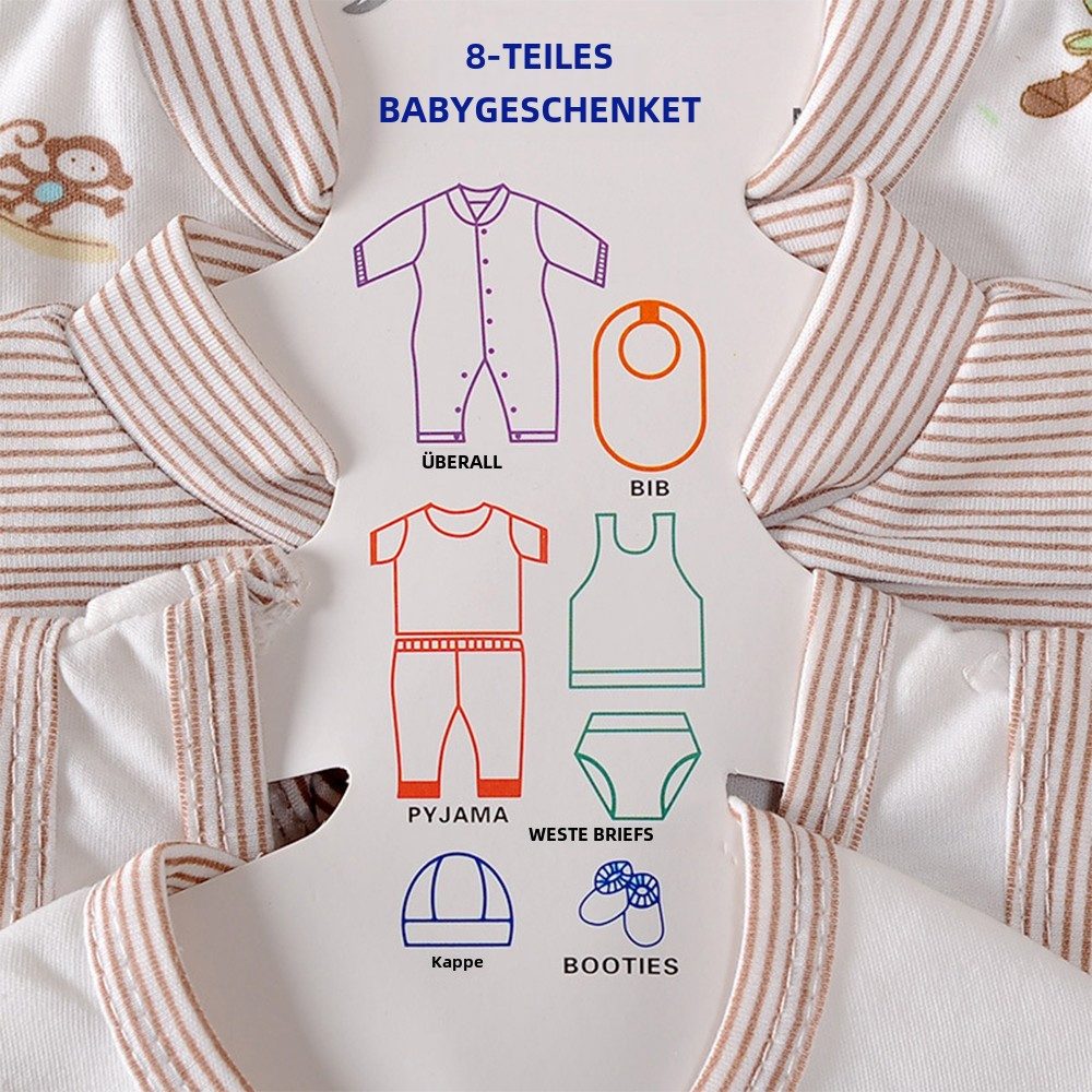 Gluckids Neugeborenen-Geschenkset Unisex Baby täglich Casual Outfits Babykleidung Frühling & Herbst Sets (8-tlg) Neugeborene Erstausstattungspaket Cartoon-Druck Baby-Freizeitanzug