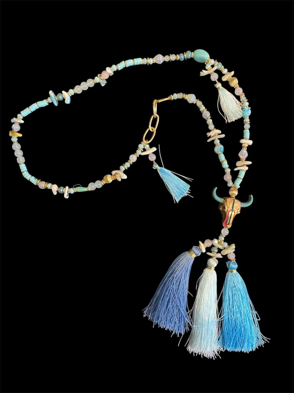 Eden Stone Perlenkette Bunte Mala Kette Halskette Boho-Stil Blau Edelsteinen Muscheln Büffel (1-tlg)