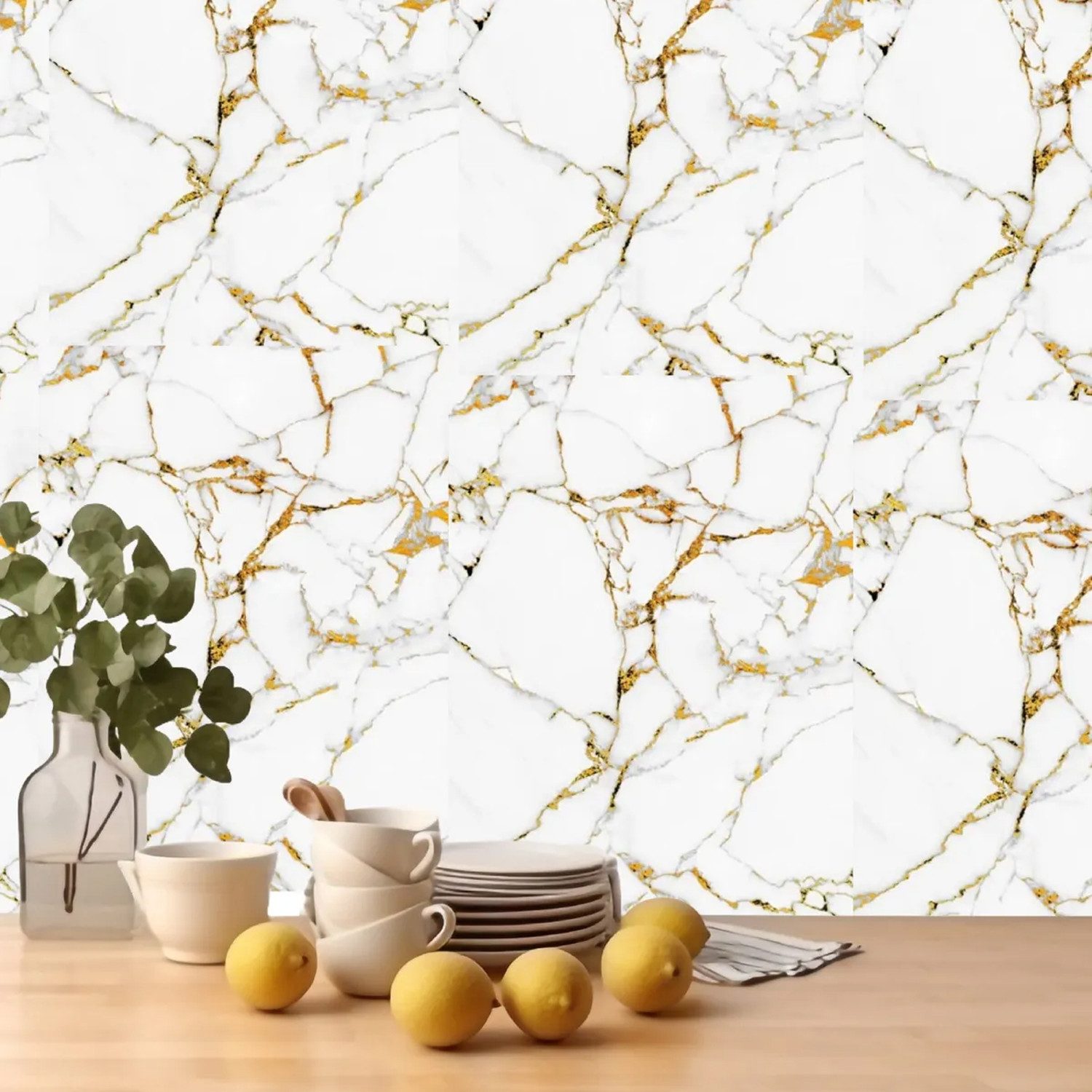 Jungengel Wandpaneel 10'er Set Marmor Weiß Gold Wandverkleidung Wandfliesen 30x60cm, 0,18 qm, (Set, 10-tlg., 10 Paneele pro Set – ausreichend für ca. 1,8 m² Wandfläche) Selbstklebende PVC-Paneele, wasserfest & leicht zu reinigen