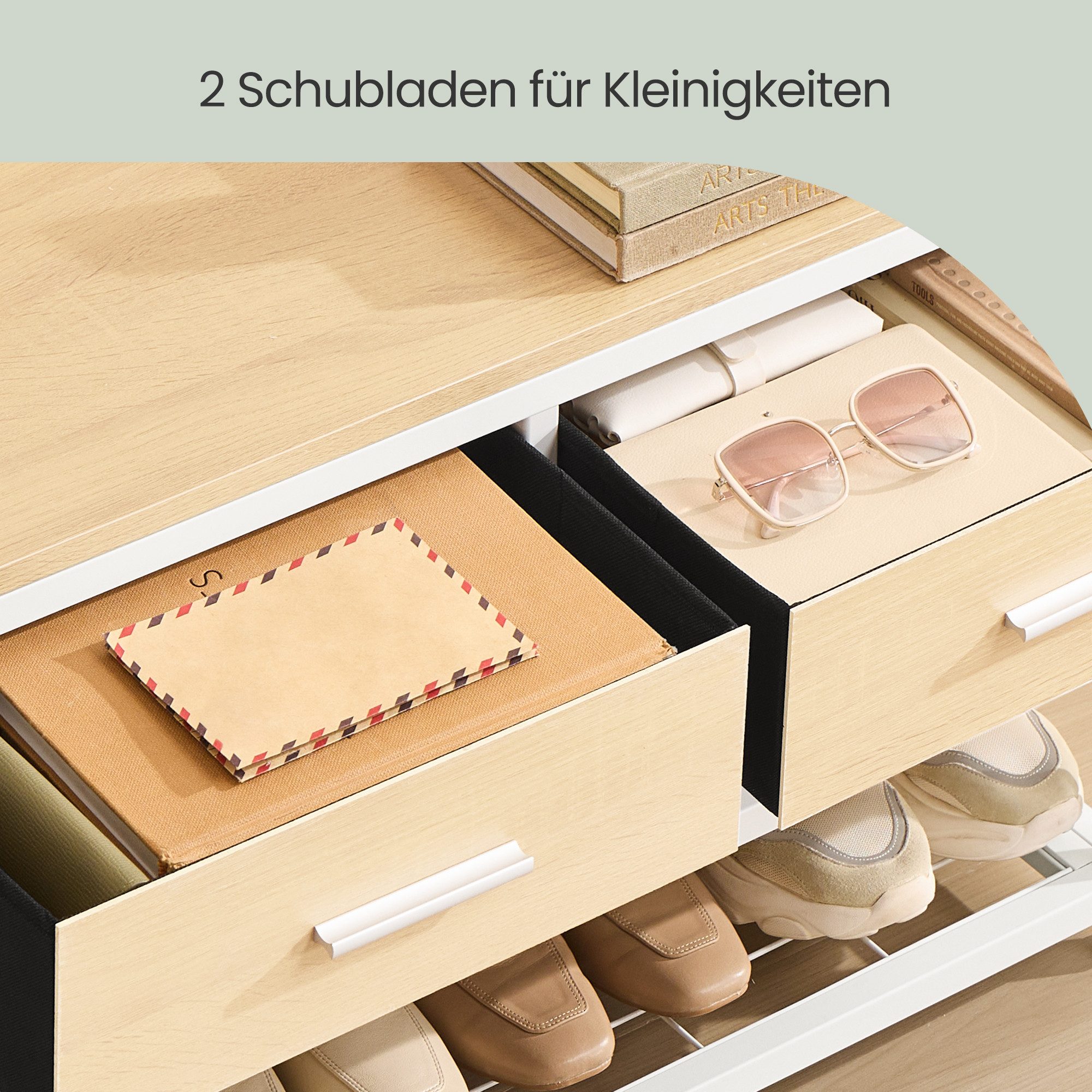 VASAGLE Garderobenständer Garderobe mit Schuhbank, mit Haken und offenen Fächern, 2 Schubladen aus Stoff – Bild 4 von 5