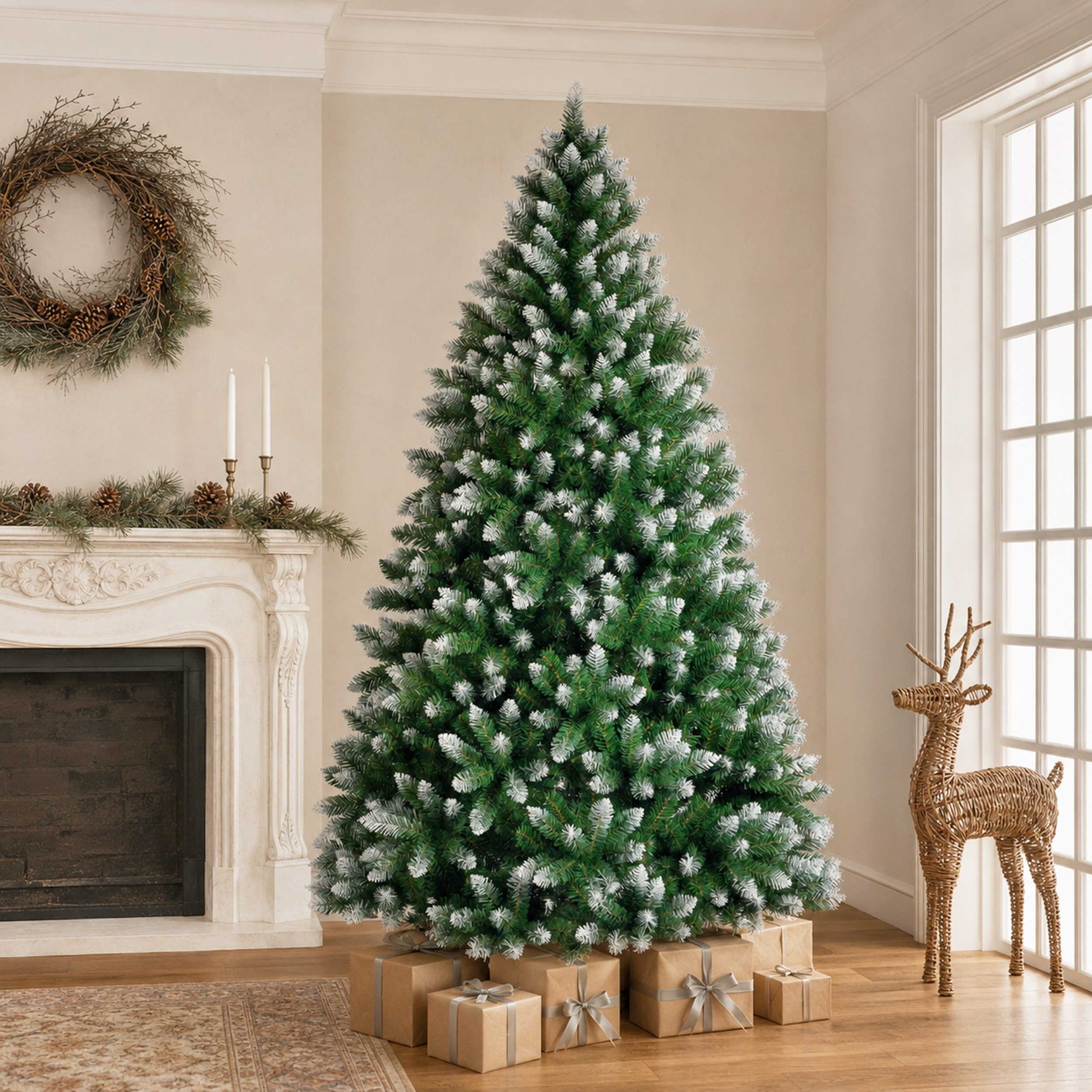 Vankel Künstlicher Weihnachtsbaum grüner Tannenbaum mit weißen Spitzen, Schnee-Optik und Metallständer, Grüner Tannenbaum mit dezenten Schneeakzenten und einem Metallständer