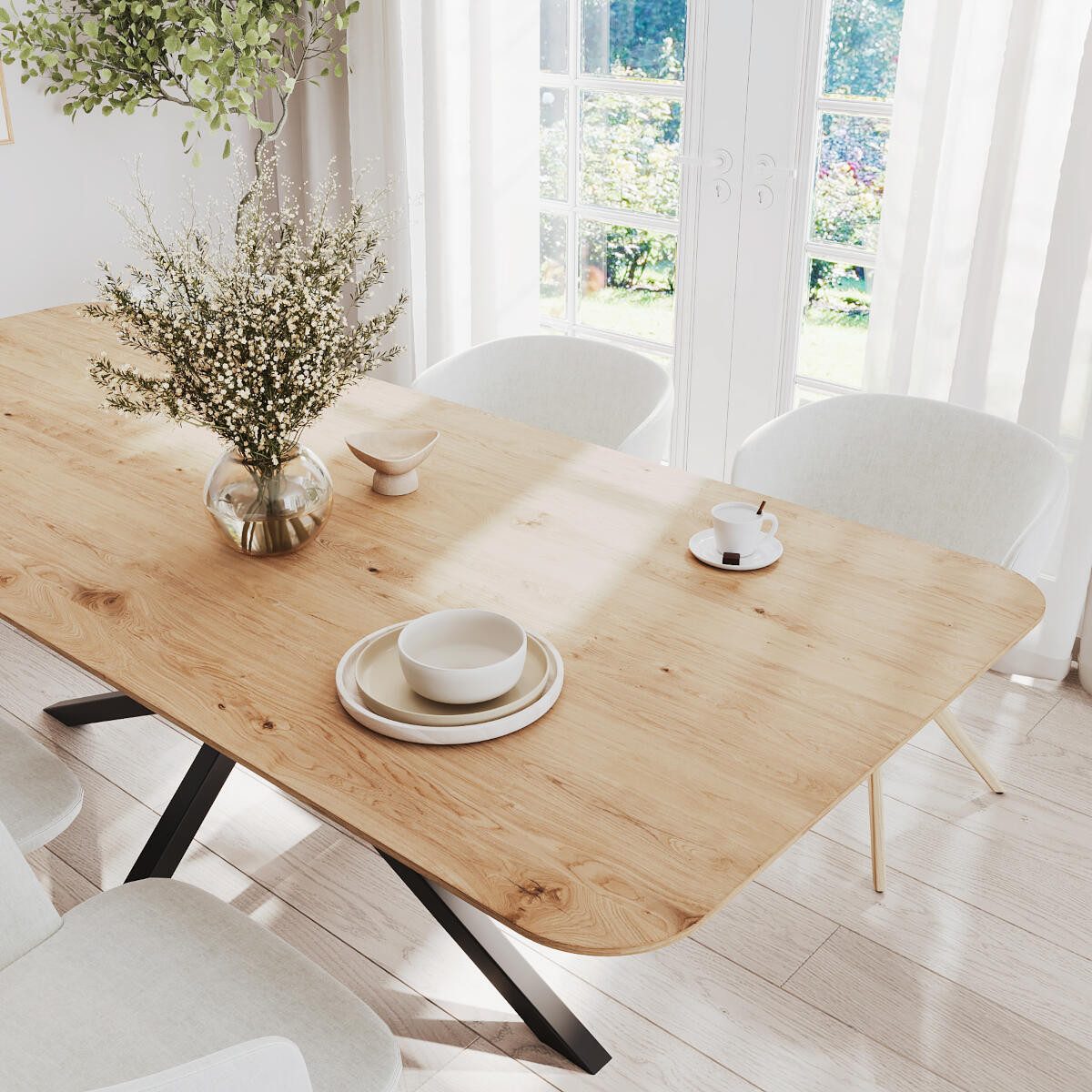 Rellgo Esstisch Eiche massiv Ecklo – Rechteckig mit Spider-Gestell – Elegant & robust, Abgerundete Ecken, Gestell aus Stahl, Handgefertigte Wildeiche