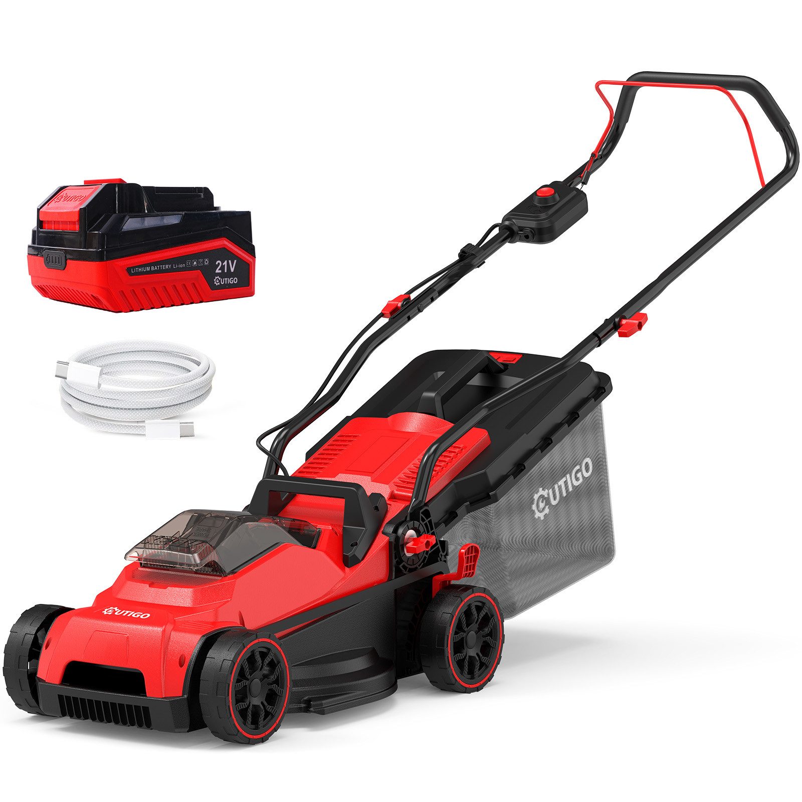 OUTIGO Akkurasenmäher CLM3381, 21V Akku-Rasenmäher, inklusive 5,0-Ah-Akku, 33 cm Schnittbreite, (1 Akku mit 5 Ah (Aufladung über Typ-C), Reichweite 250 m², Schnitthöhe einstellbar von 25 bis 65 mm