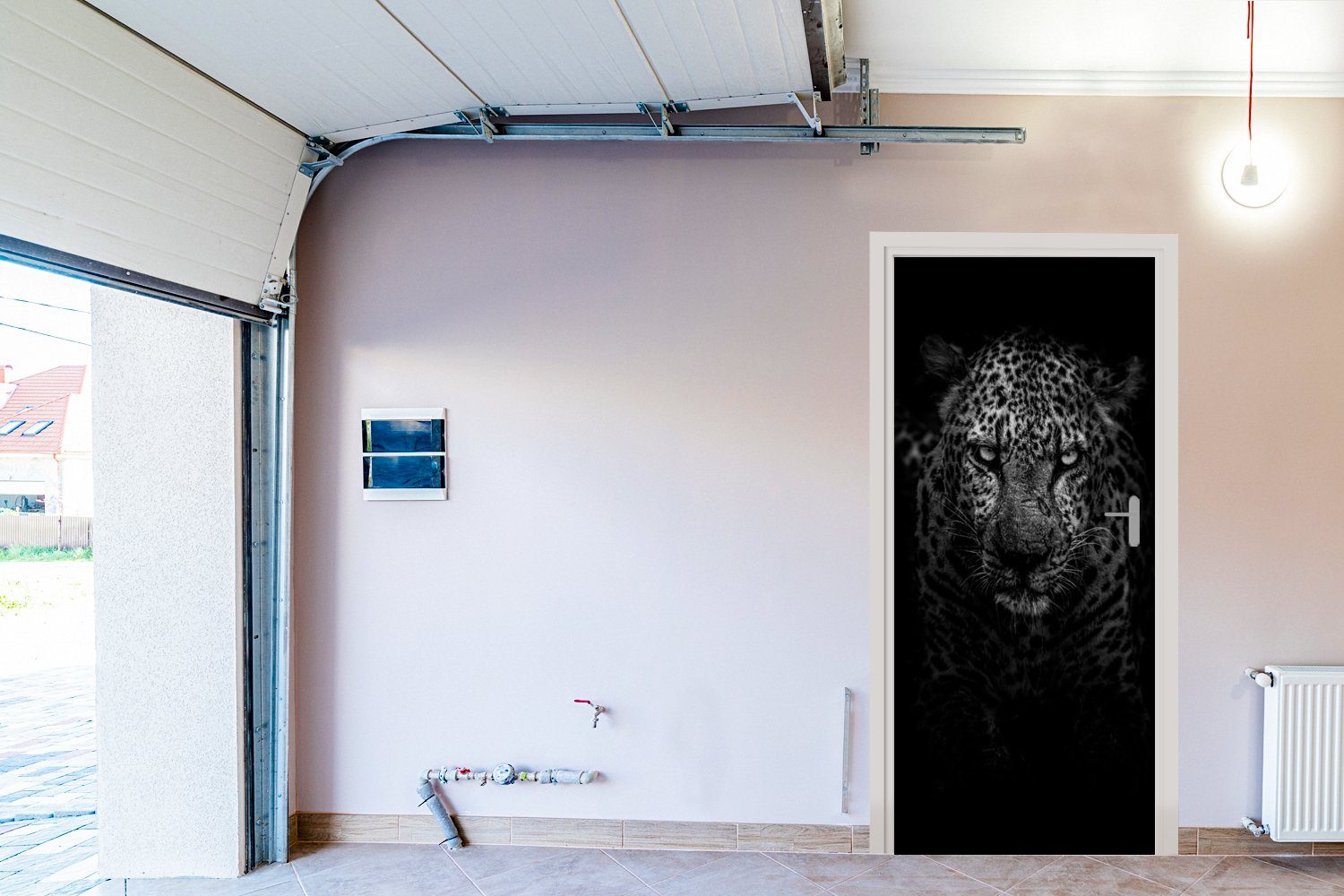 - (1 Türtapete Fototapete für St), - Leopard Schwarz 75x205 Matt, cm bedruckt, Türaufkleber, Weiß, MuchoWow Tür,