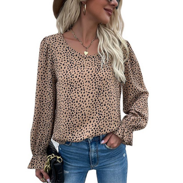 KIKI Langarmshirt Retro langärmeliges, figurbetontes Leopardenmuster-Blusen günstig online kaufen