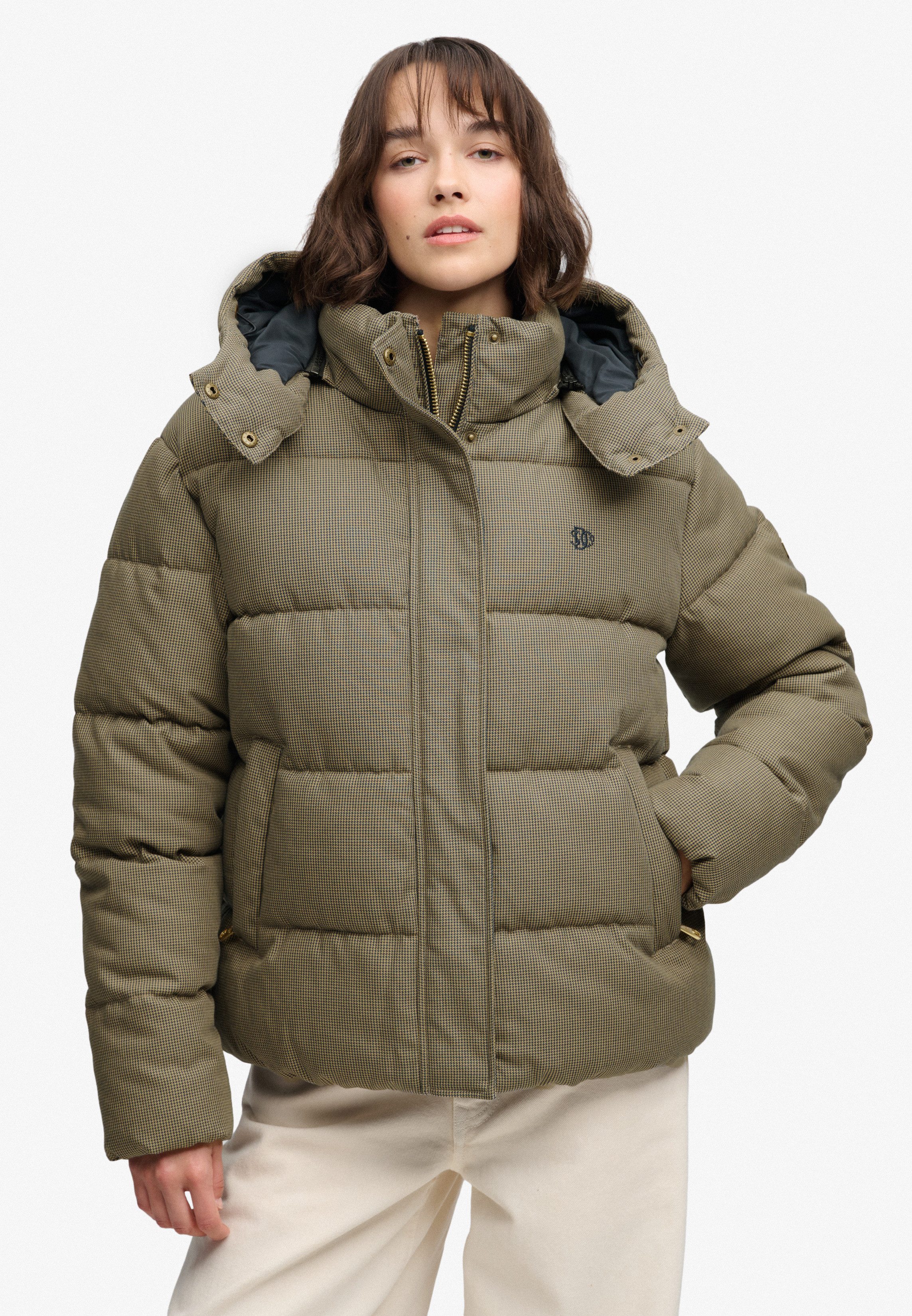 Superdry Steppjacke PREMIUM HOOD CHECK PUFFER JKT Materialmix, relaxed fit, außen aus Webstoff mit Hahnentritt-Muster