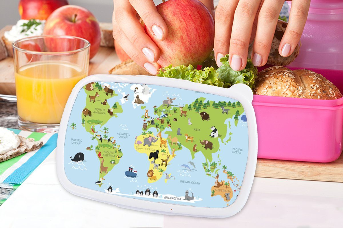 MuchoWow Lunchbox Weltkarte Erwachsene, Kunststoff, (2-tlg), - Snackbox, Brotbox Grün, - Tiere rosa Mädchen, Kunststoff Blau Brotdose - Kinder Kinder, für 