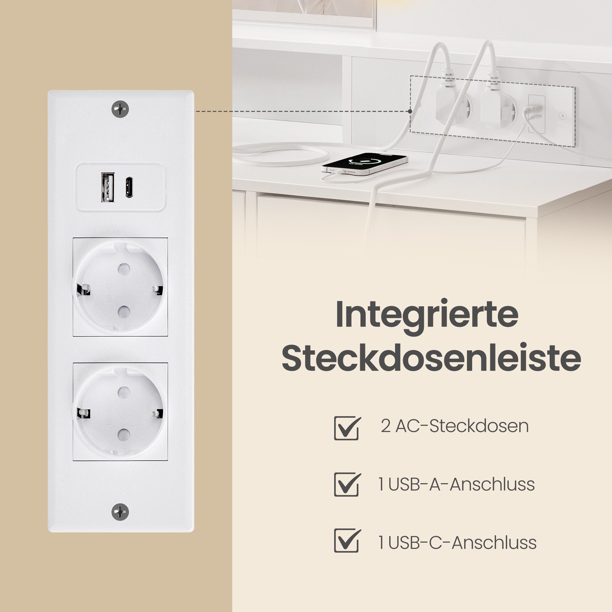 VASAGLE Schminktisch werkzeuglose Gleitschienen Steckdosenleiste, 9 Schubladen, mit Spiegel und LED-Leuchten, 9 dimmbare Glühbirnen, 3 Lichtfarben – Bild 5 von 5