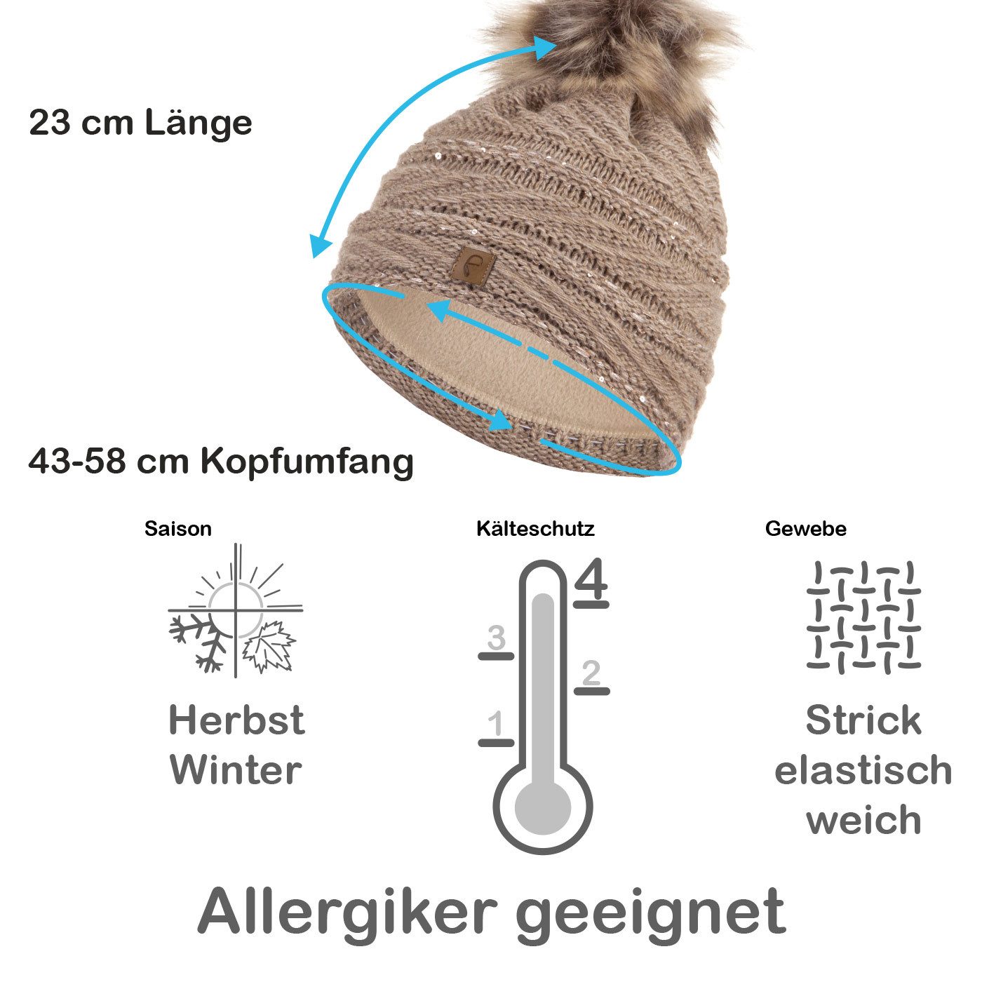 Faera Bommelmütze Wintermütze Damen Herren Mütze Beanie Haube gefüttert Bommelmütze 14