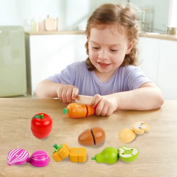 CALIYO Lernspielzeug Kinderküche Spielküche Zubehör Aus Holz Küchenspielzeug Schneiden (12-St), Obst Gemüse Holz Mit Klett Verbindung Für Kinder Lernspielzeug