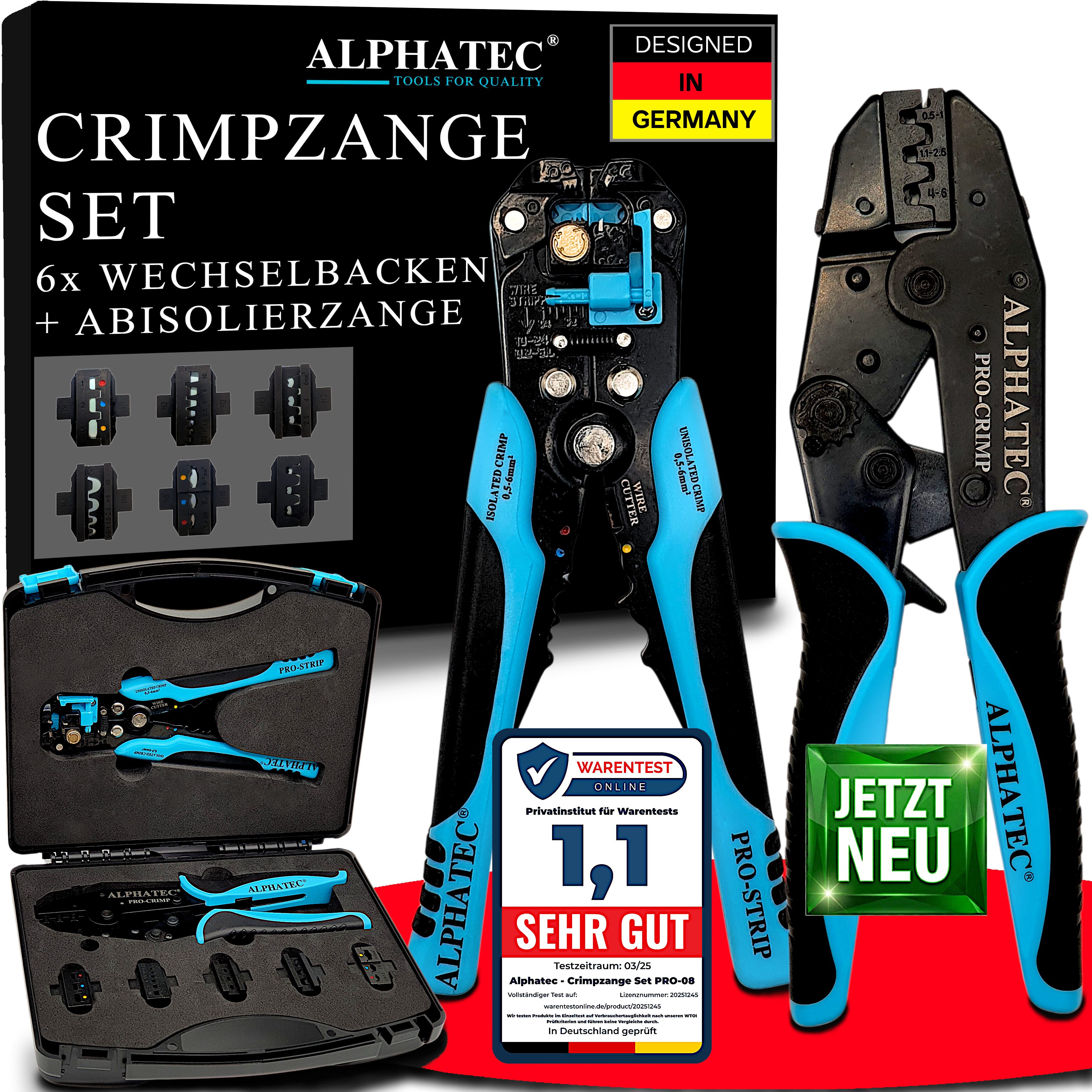 ALPHATEC® Crimpzange Crimpzangen Set mit Wechselbacken inkl. Abisolierzange 0,25-10mm² 8tlg, Kabelschuhe, Aderendhülsen, Flachstecker, Quetschverbinder, MC4, Solar