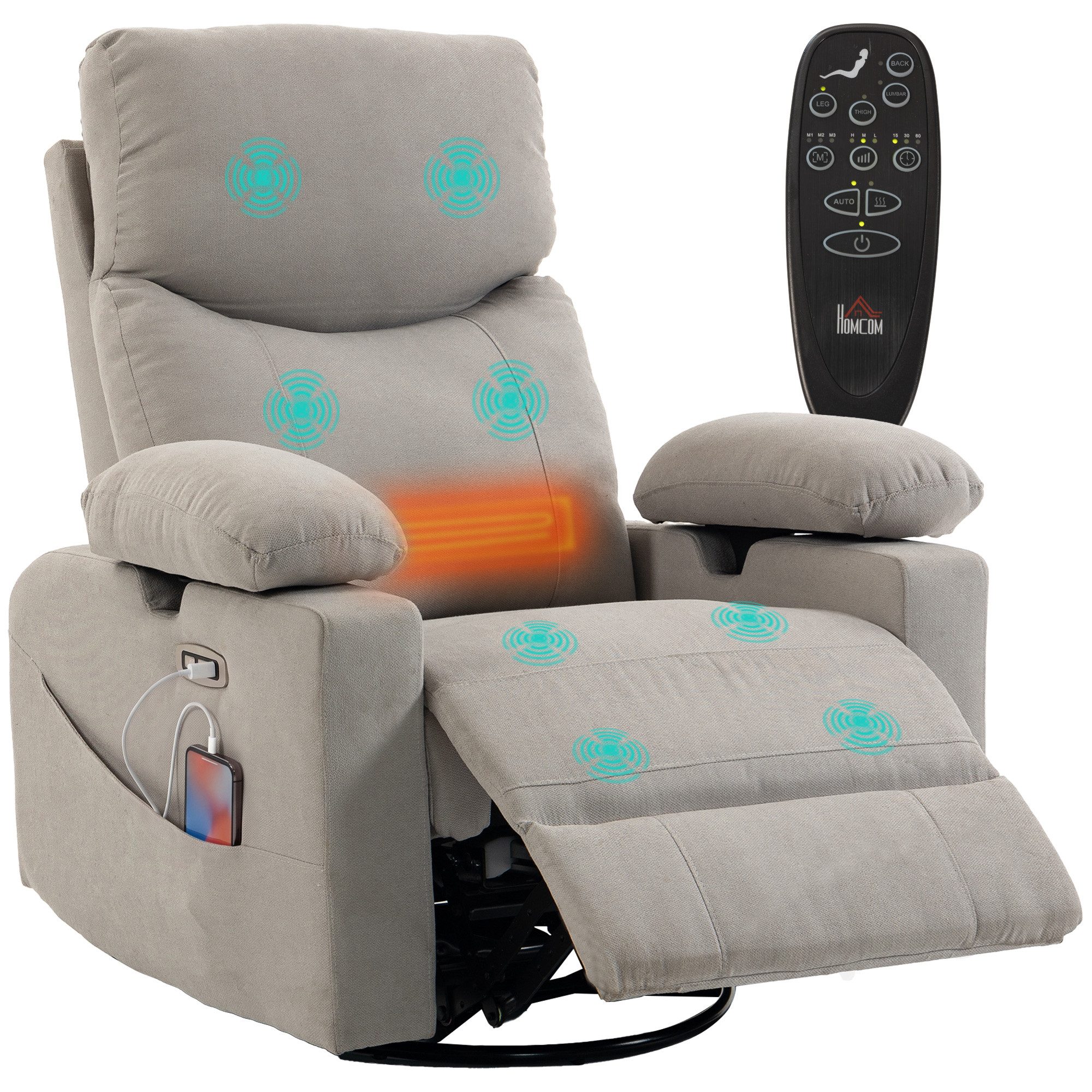 HOMCOM Massagesessel Relaxsessel mit Massage & Wärme, 270° Dreh- und Schaukelfunktion (Set, 1-St., Relaxsessel), 270° drehbar, Schaukel, 8-Punkt-Massage+Wärme – Bild 2 von 5