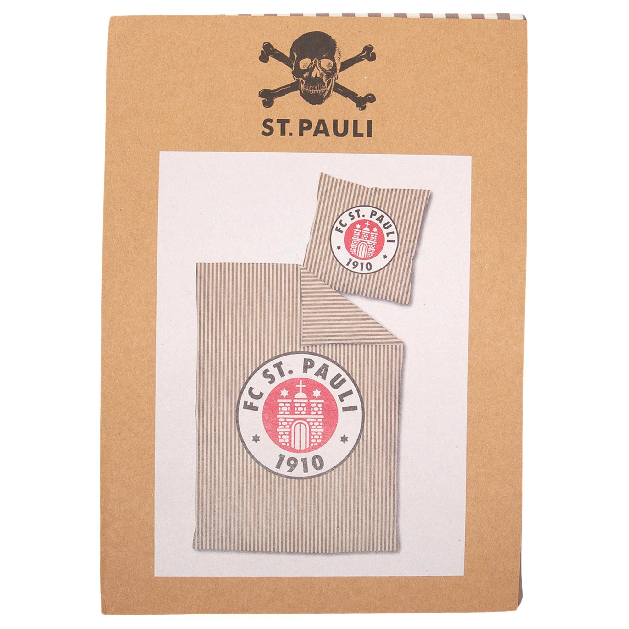 Bettwäsche Logo Streifen braun/weiß, FC St. Pauli, Bio-Baumwolle, 2 teilig, mit Reißverschluss, 100% Bio-Baumwolle
