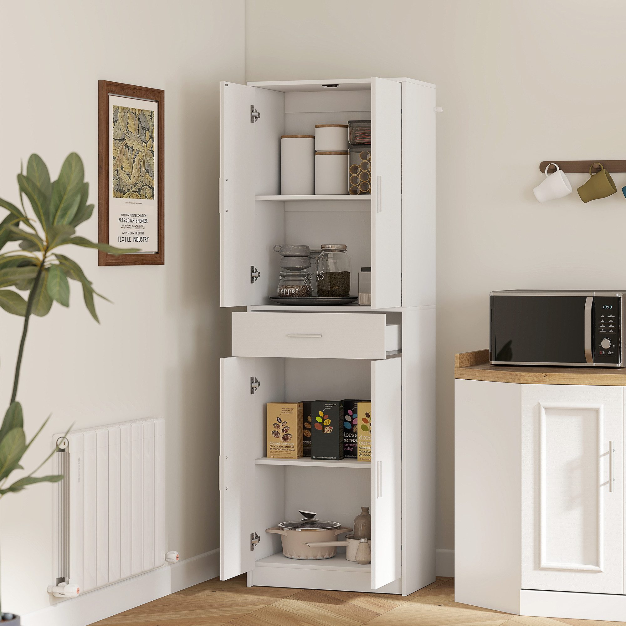 HOMCOM Küchenbuffet Hochschrank Vorratsschrank Einlegeböden Skandinavisches Design (freistehender Küchenschrank mit Schublade, 1-St., Vitrinenschrank mit verstellbaren Regalen) 60 x 35 x 180 cm, Weiß