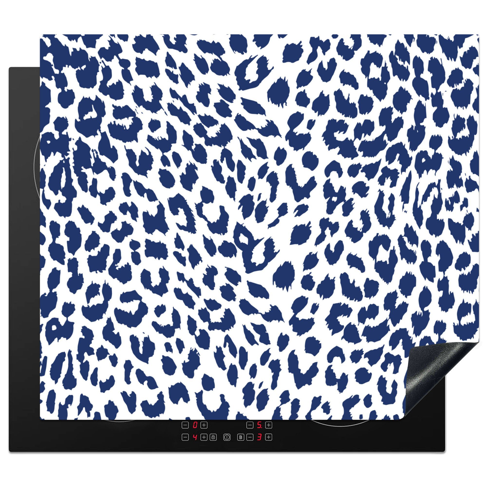 MuchoWow Herdblende-/Abdeckplatte Pantherdruck - Weiß - Blau, Vinyl, (1 tlg), 59x52 cm, Ceranfeldabdeckung für die küche, Induktionsmatte