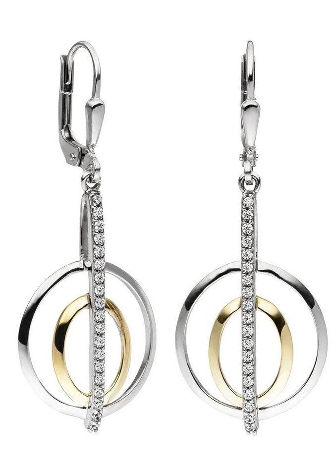 JOBO Paar Ohrhänger Ohrringe mit 38 Zirkonia, 925 Silber bicolor vergoldet
