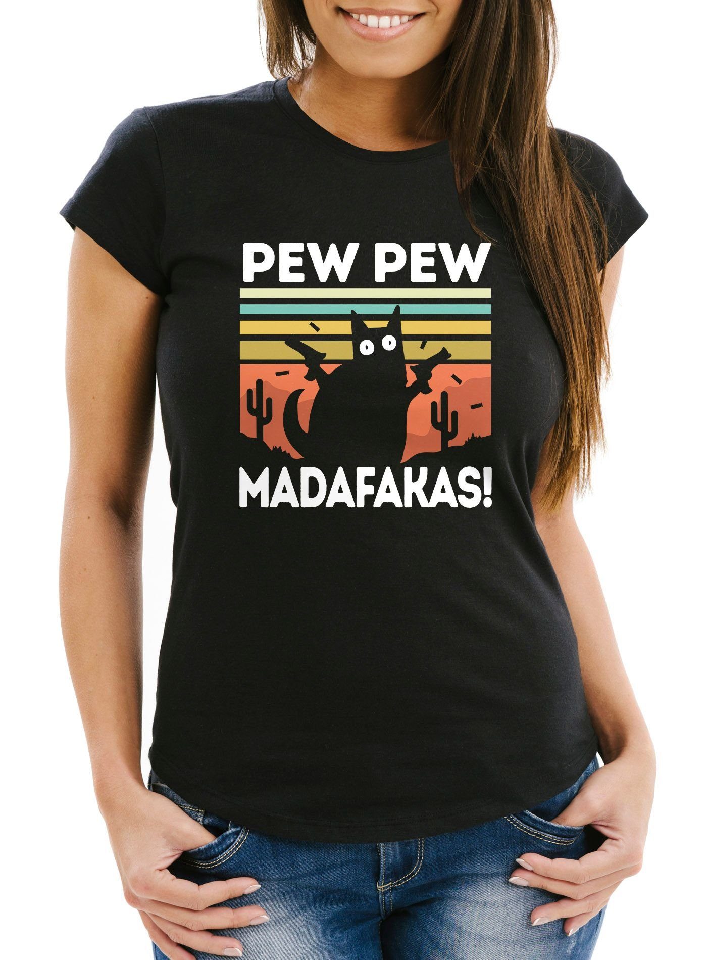 MoonWorks Print-Shirt Damen T-Shirt Pew Pew Madafakas! schwarze Katze Spruch Meme Frauen Fun-Shirt lustig Moonworks® mit Print