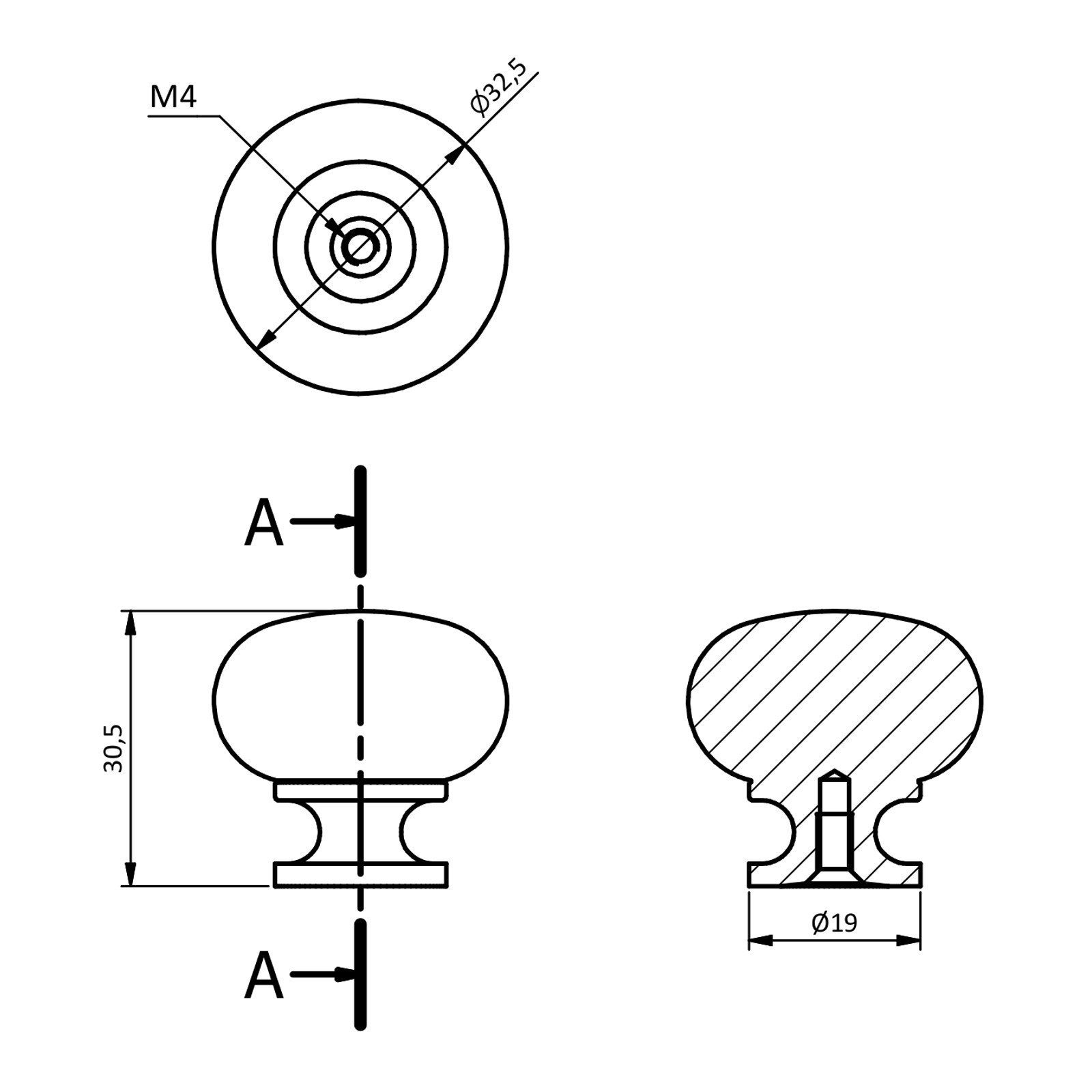 inkl. Möbelbeschlag OSCAR Befestigungsschraube SO-TECH® Ø rund verchromt St), 32,5 schwarz (1 mm Schrankknopf