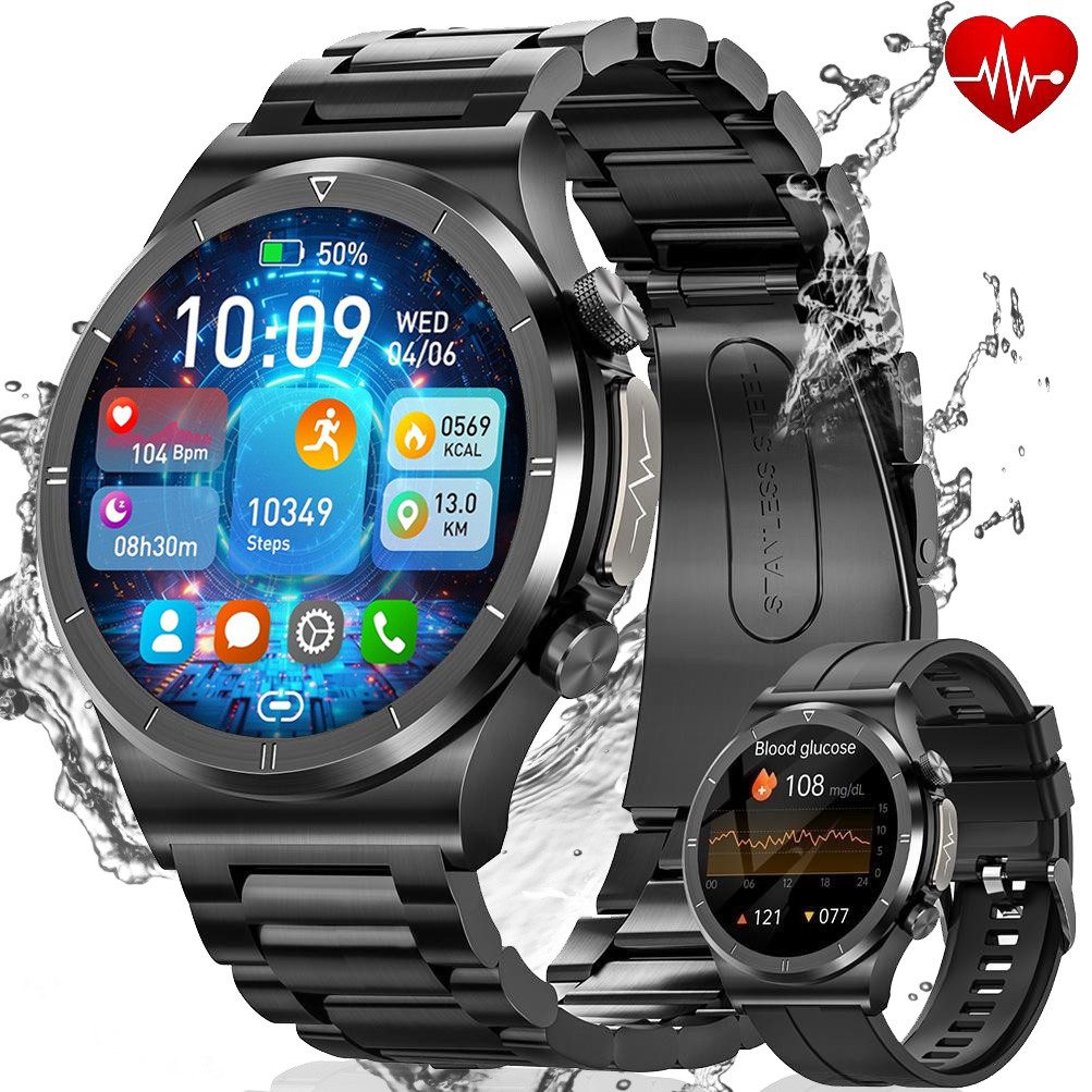 SWGOTA Smartwatch Herren mit ʙʟᴜᴛᴢᴜᴄᴋᴇʀ/Blutdruck/EKG+PPG/BMI-Überwachung Smartwatch (3.53 cm/1.39 Zoll) IP68 Wasserdichter Smartwatch Herren Militär mit 100+ Sportmodi, austauschbaren Armbänder, Fitnesstracker mit Herzfrequenz/SpO2/ɴɪᴄʜᴛ-ɪɴᴠᴀɪᴠᴇ ʙʟᴜᴛᴢᴜᴄᴋᴇʀᴍᴇᴜɴɢ