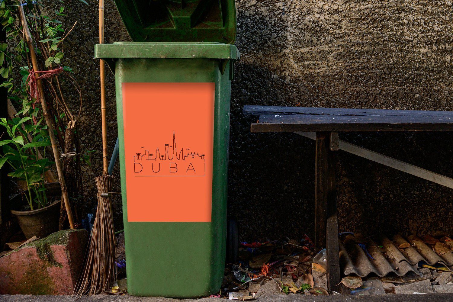 MuchoWow Wandsticker Skyline St), Mülltonne, Abfalbehälter (1 Sticker, Mülleimer-aufkleber, "Dubai" orange Container