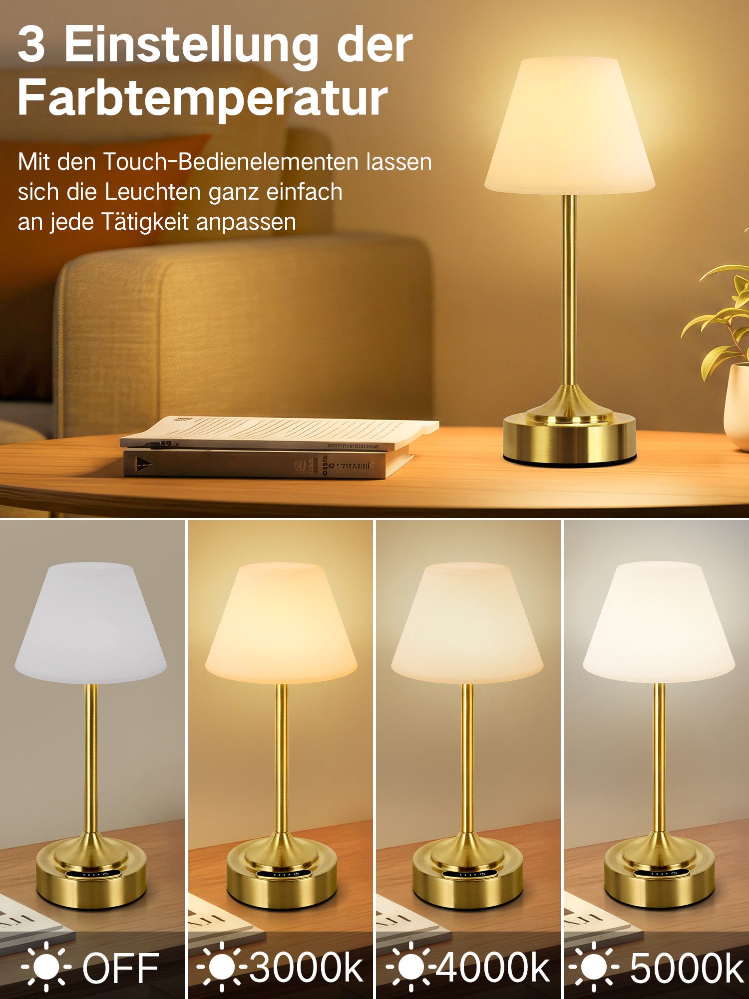 OUTON LED Tischleuchte Kabellose LED-Tischleuchte mit Akku & Farbwechsel – Bild 4 von 5