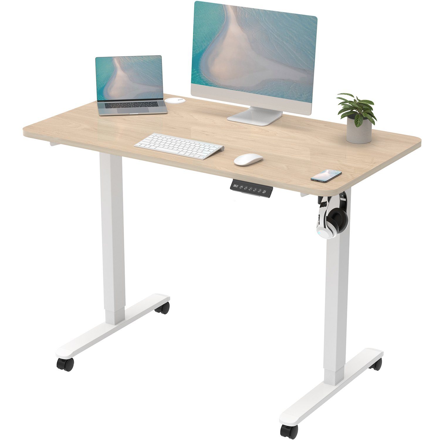GUNJI Schreibtisch Höhenverstellbarer Elektrisch Schreibtisch mit Ladebuchsen 100x60 cm Beige