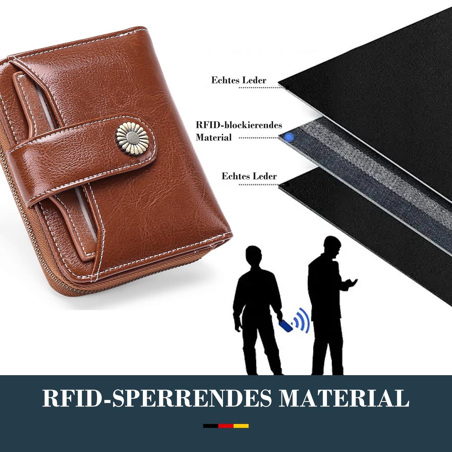 mit Geldbörse, RFID Clip Leder MAGICSHE Brieftasche Münzfach Schild Retro Echtes Reißverschluss und kleine Geldbörse, Damen braun