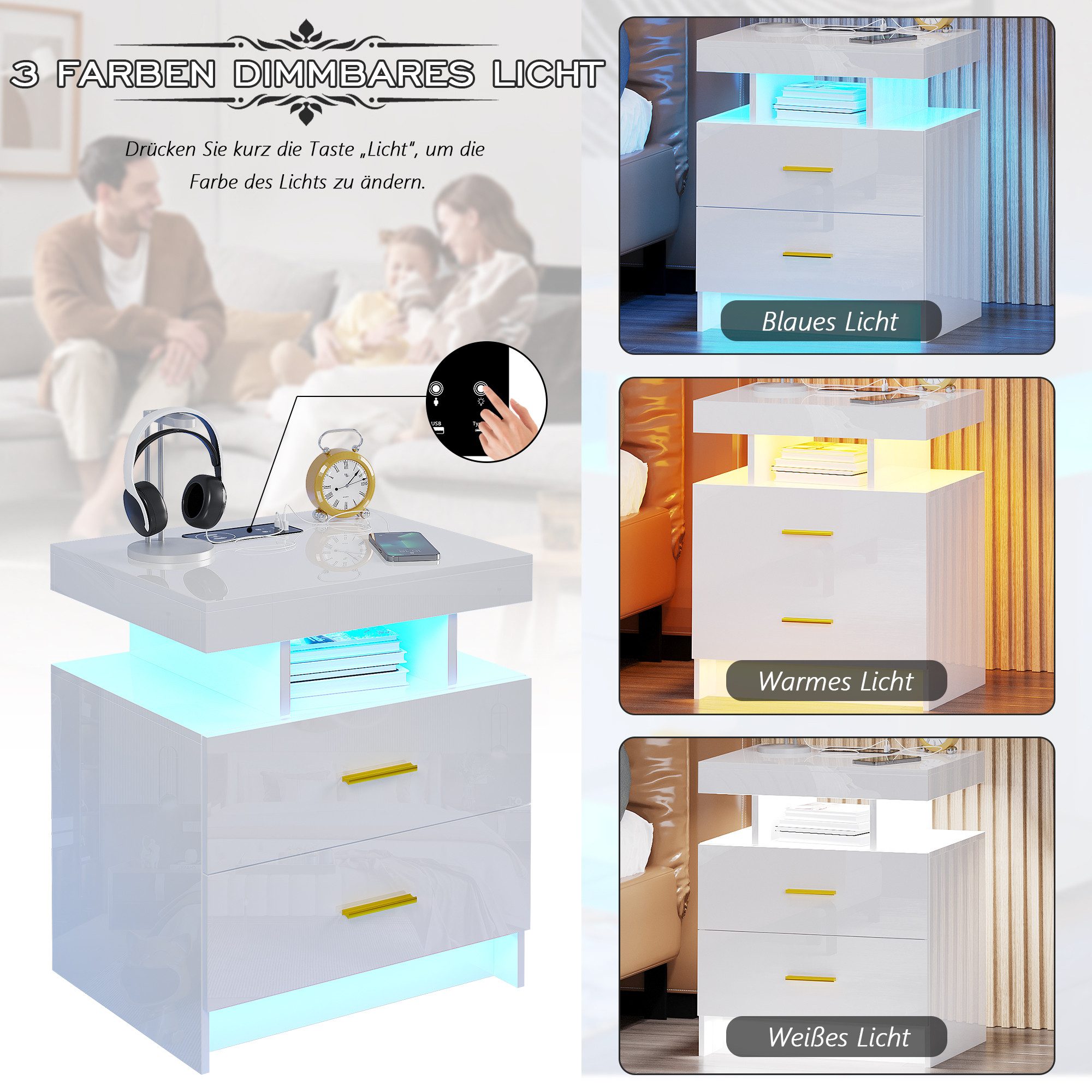LVifur Nachttisch mit LED-Licht und Sensor, 2 Schubladen, USB&Type-C, kabelloses Laden (1-St), 3 Farben Dimmbares Licht, 40T x 50B x 58H cm, Hochglanz Weiß