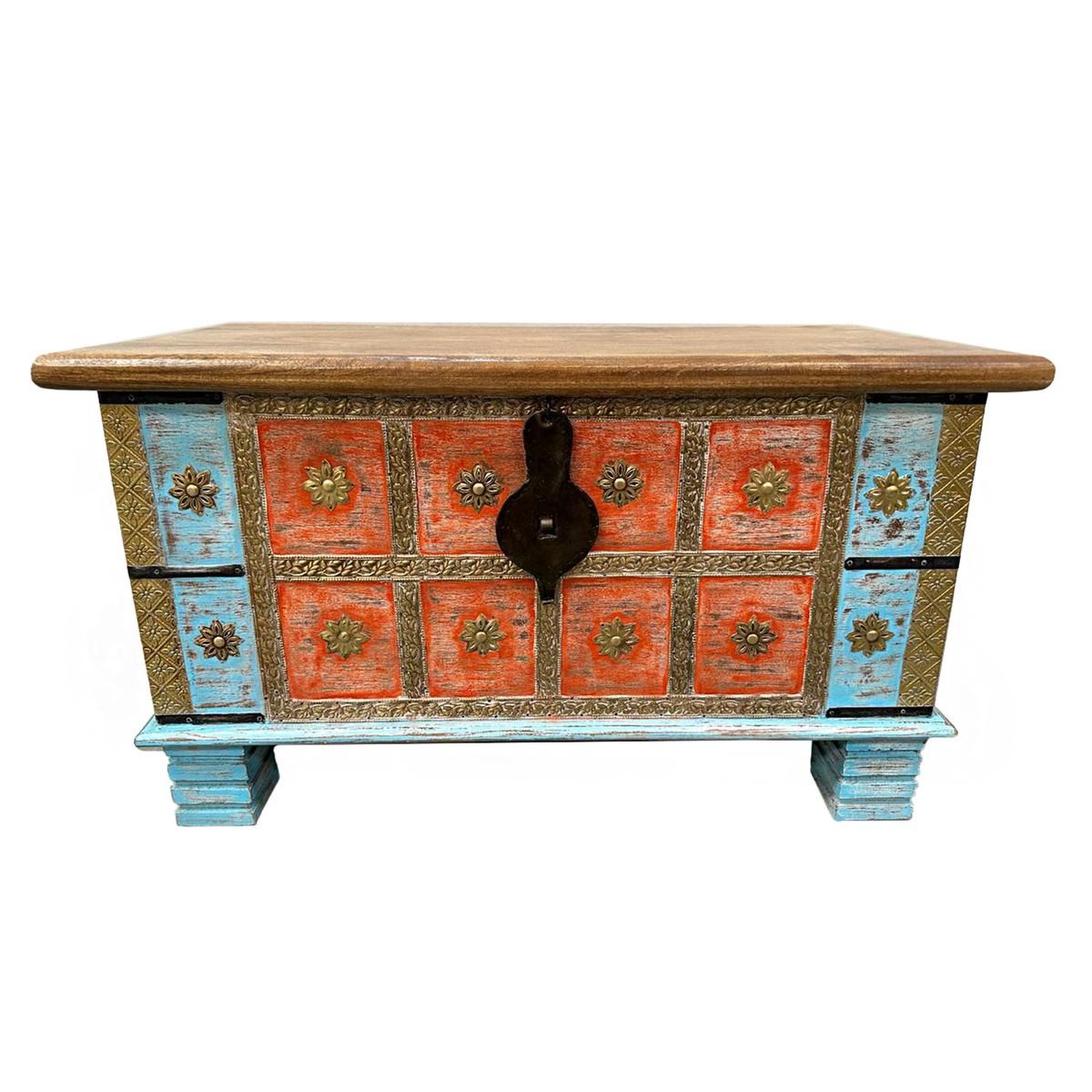 Oriental Galerie Truhe Indische Truhe Türkis Orange 80 cm (1 St), Beistelltisch, Holztruhe, Antik, Wäschetruhe, Möbeltruhe, Holzkiste