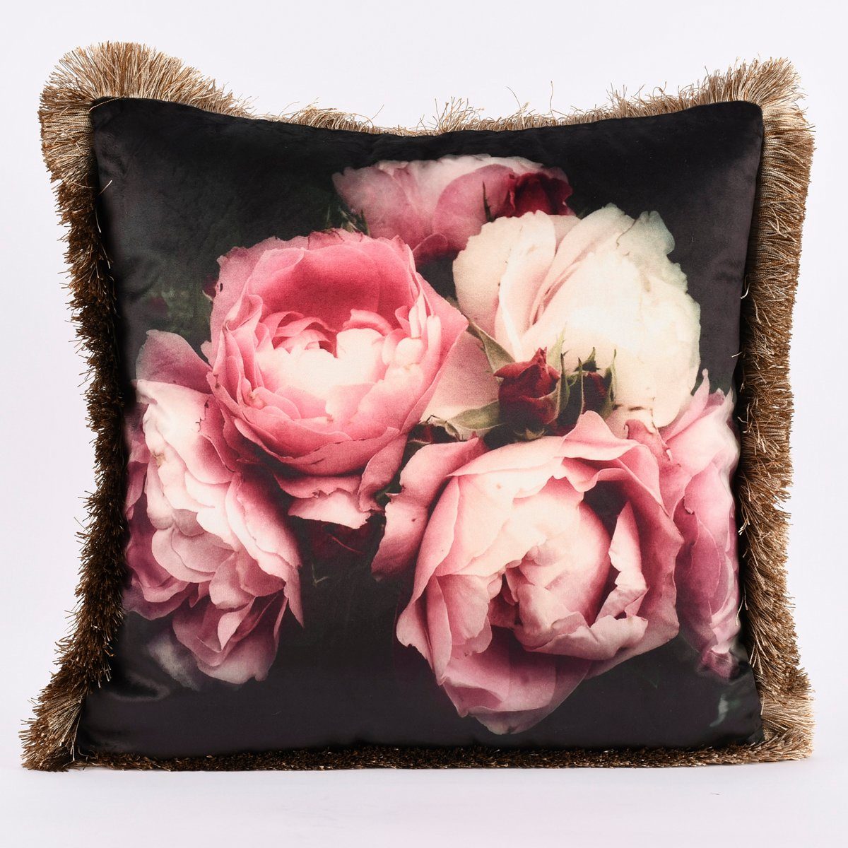 SCHÖNER LEBEN. Dekokissen Deko Kissen Samtoptik mit Fransenrand Rosen  schwarz rosa gold 45x45cm