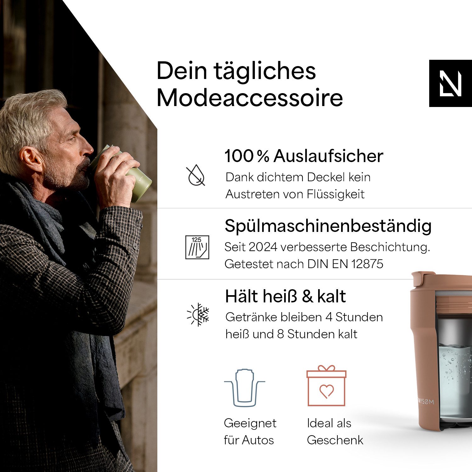 LARS NYSØM Thermobecher Bevægelse, 1-tlg., Thermobecher mit Vakuum Isolierung: 4h heiß / 8h kühl