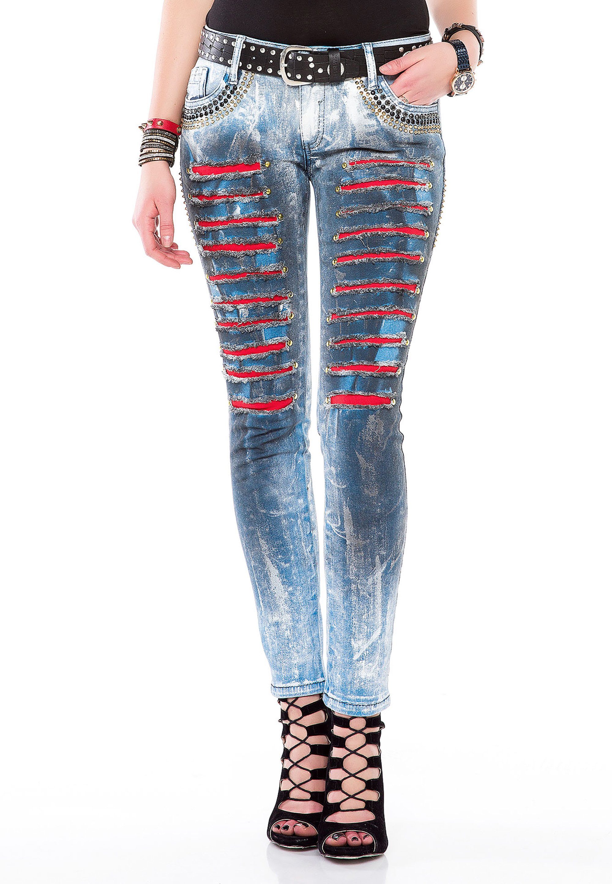 Damen Jeans Cipo & Baxx Röhrenjeans mit Edelsteintaschen in Skinny Fit
