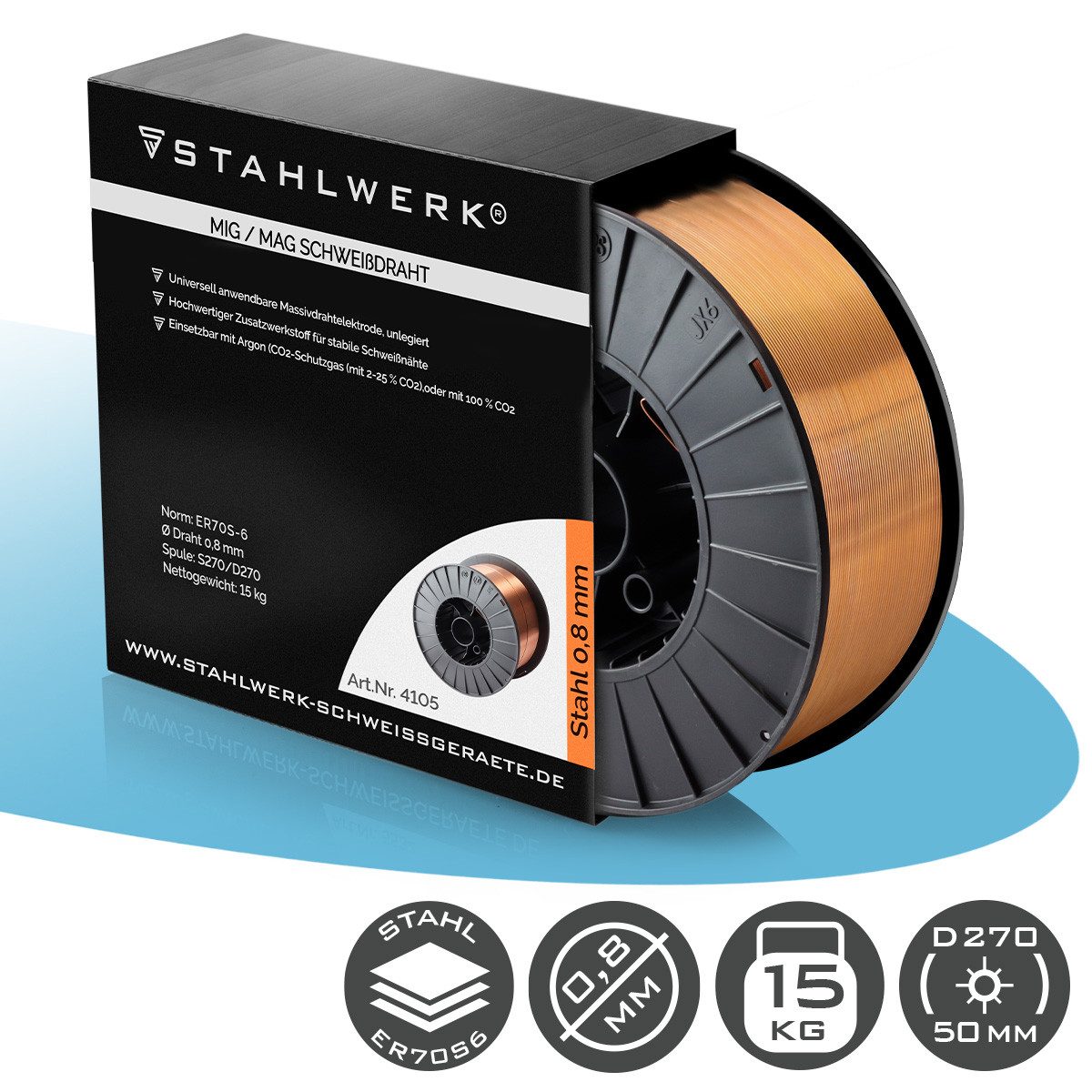 STAHLWERK Schweißdraht 0,8mm MIG MAG ER70S-6 SG2 auf D270 Drahtrolle 15kg, (Packung), hohe chemische Reinheit für beste Schweißergebnisse.