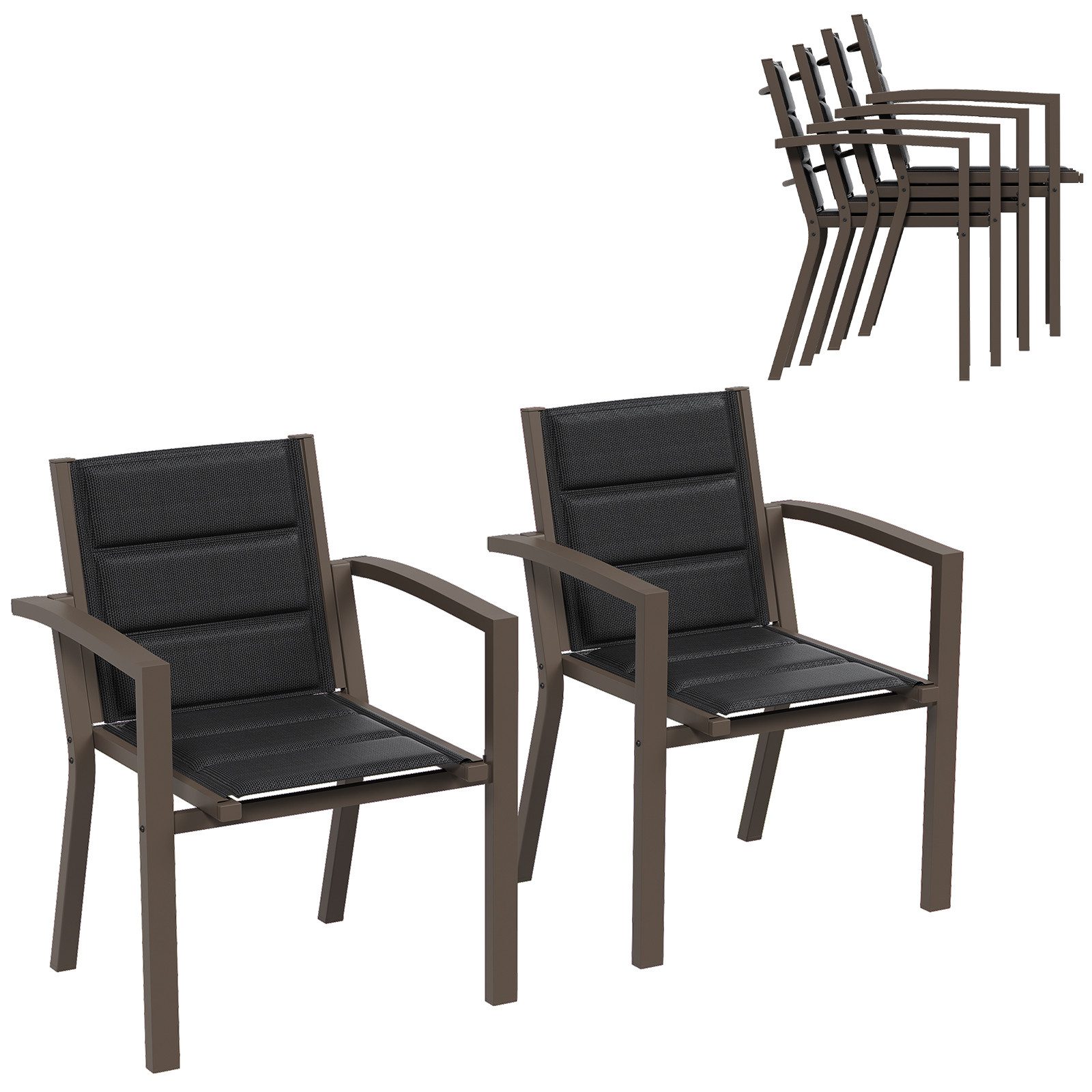 Furnicopia Gartenstuhl Stapelbar Gartenstühle Terrassenstühle mit Armlehnen, bis 160kg (4 St), Aluminiumgestell, Tecslin-Gewebe und schnell trocknende Polsterwatte