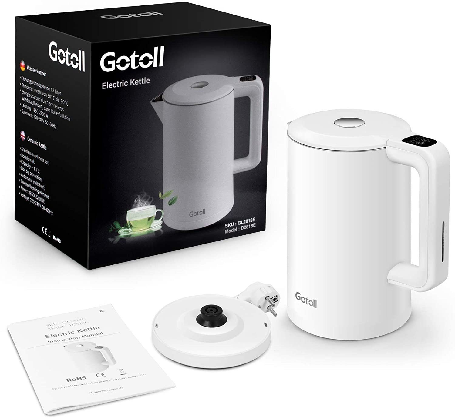 Gotoll Wasserkocher GL2818E, 1.7 l, Edelstahl 2200 W, Temperaturstufen, kochtrocknender