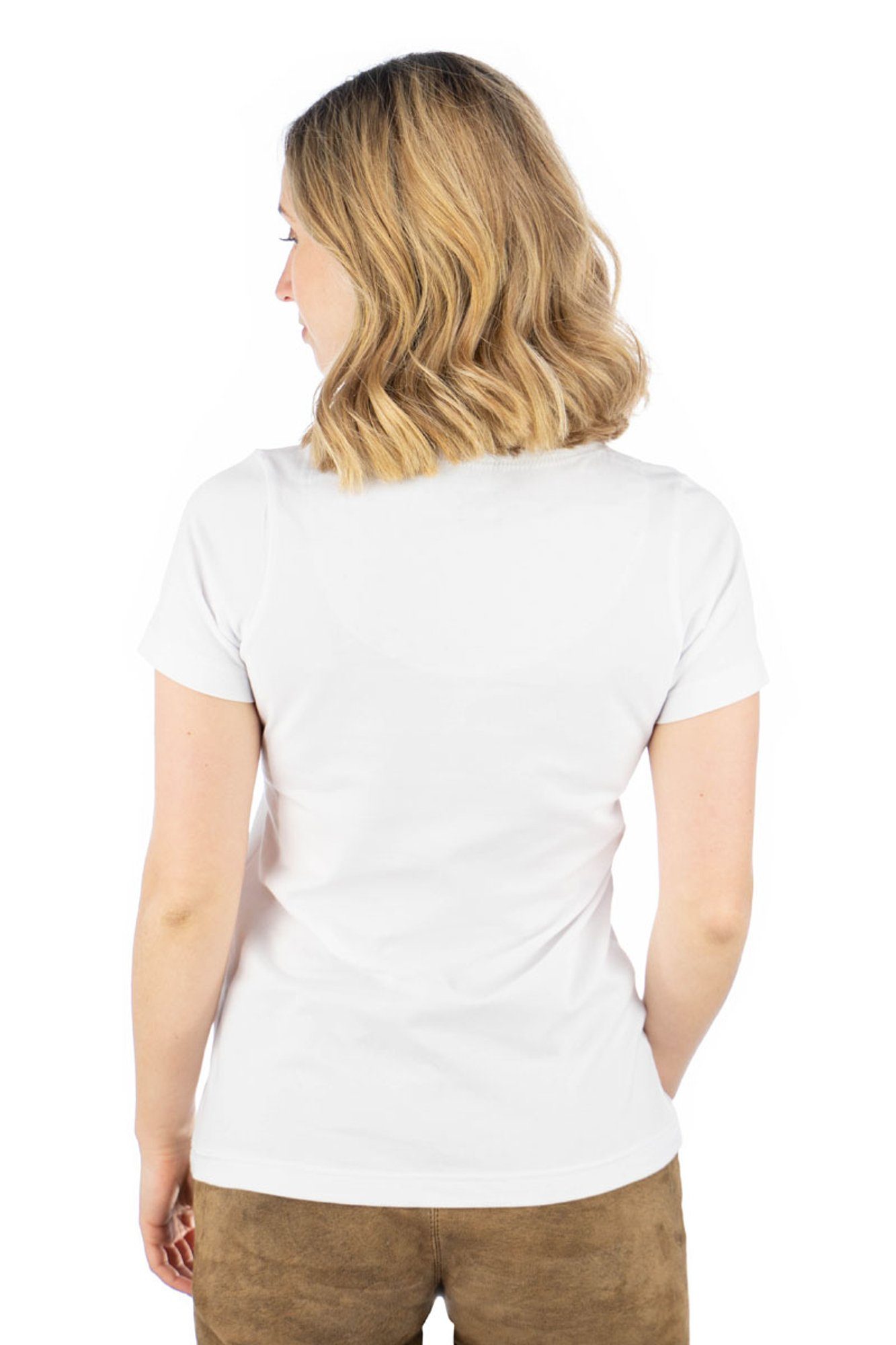 OS-Trachten Trachtenshirt weiß auf Uginoy Strass-Hirsch mit T-Shirt Brust der Kurzarm