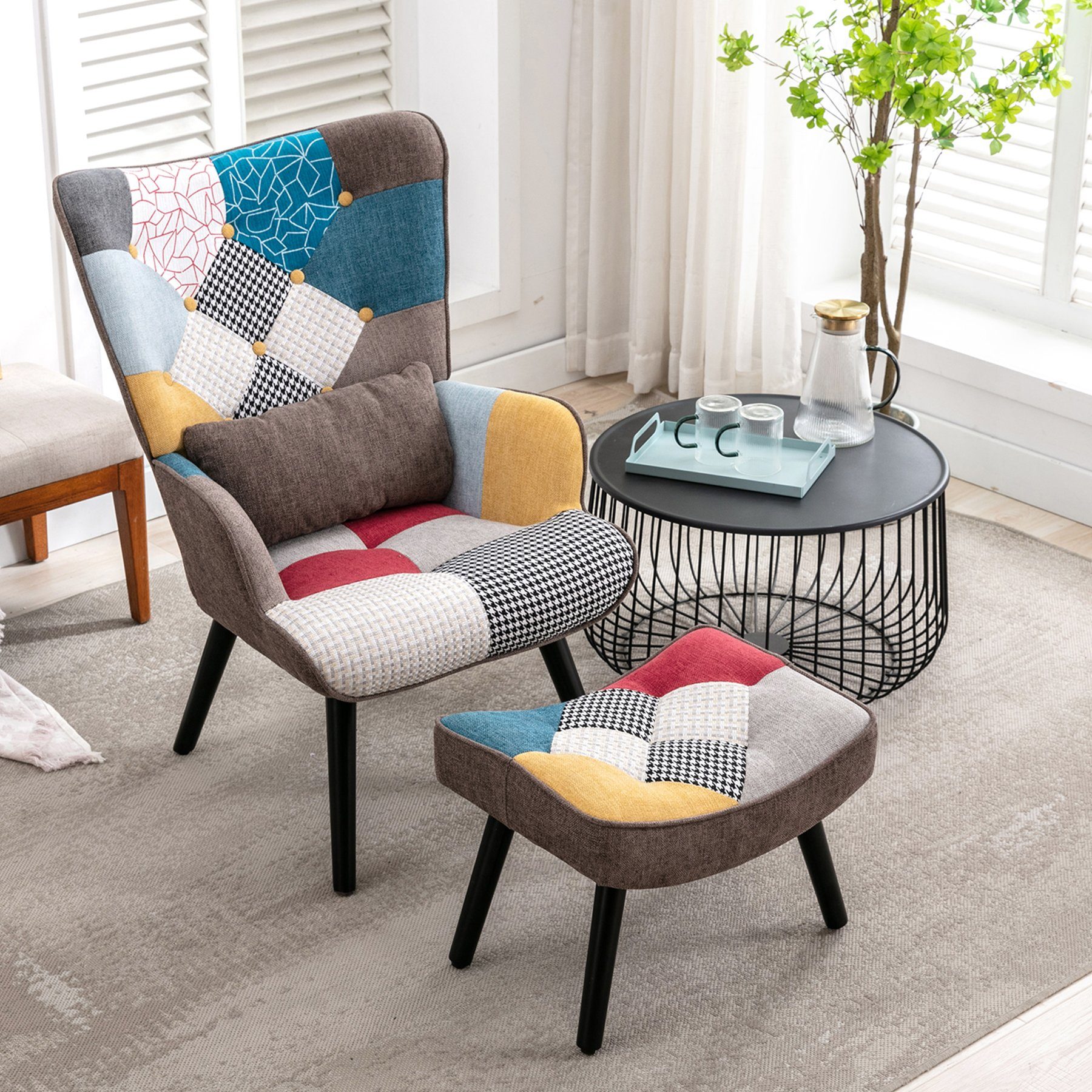 HomeMiYN Ohrensessel Relaxsessel Lehnstühle Hocker, Bunt Patchwork Ohrensessel Chair mit