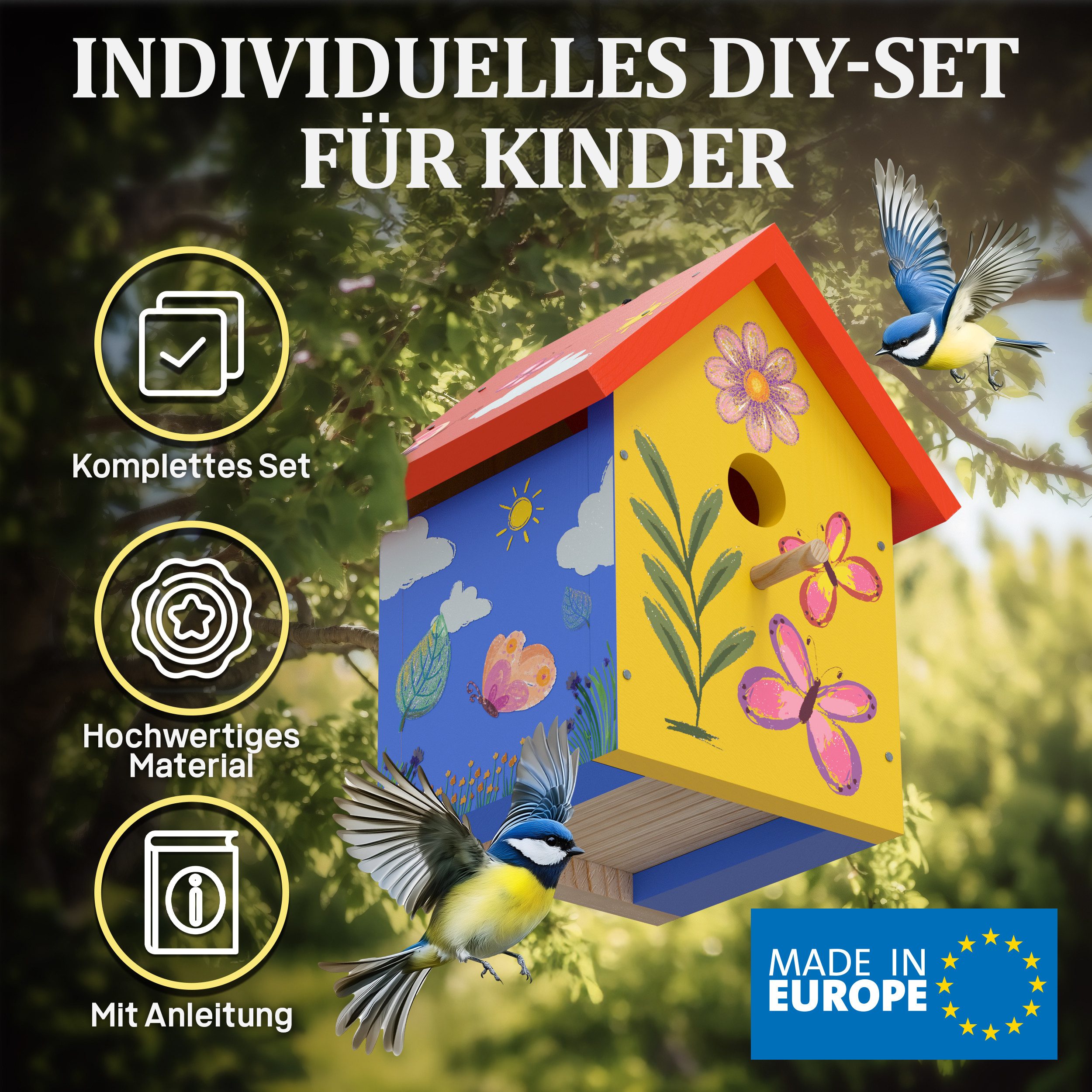 Eli Vogelhaus Bausatz für Kinder zum bemalen inkl. Vorlagen - 6 Farben - Pinsel, Holzhammer - Nägel - kreative Schablone - Nistkasten