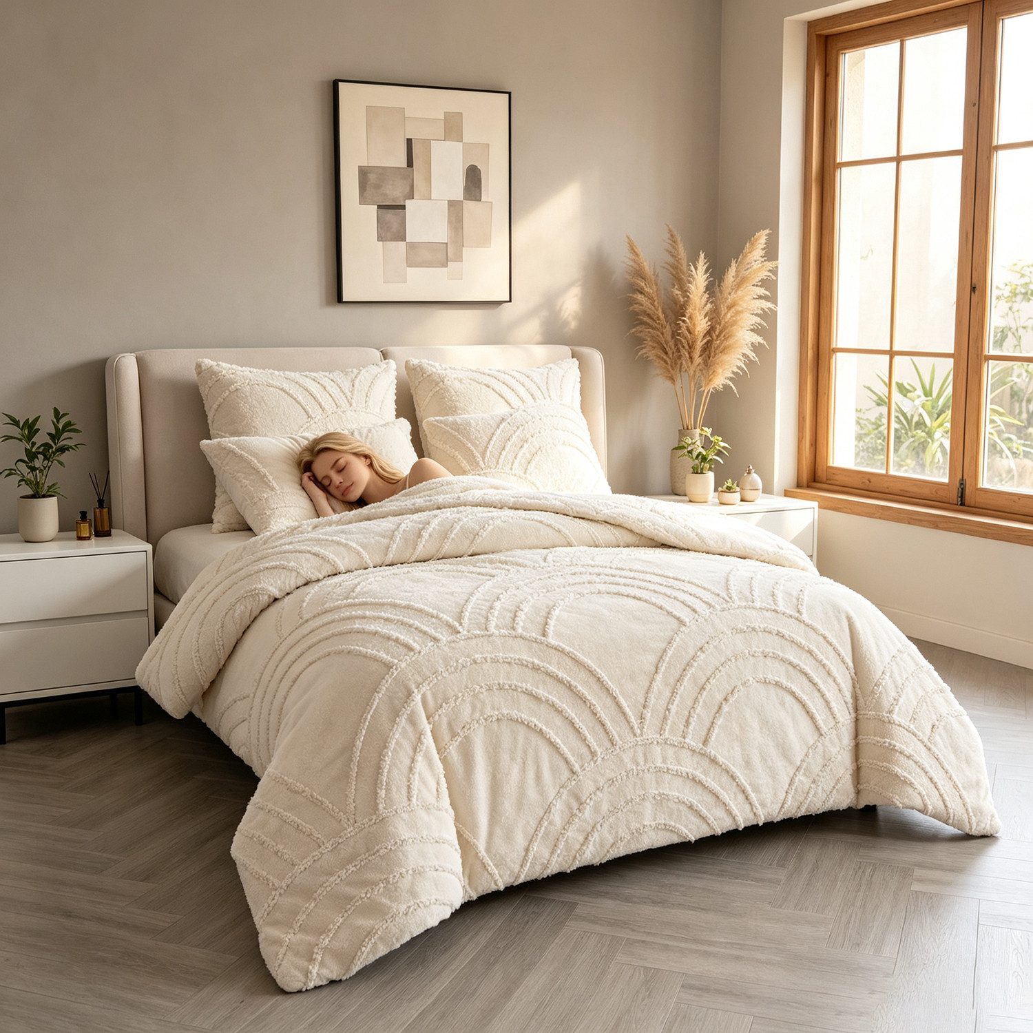 Fyrove Bettwäsche Boho Bettwäsche 135x200 Beige Getuftet, Stickerei Shabby Chic Bettbezug, Mikrofaser, 2 teilig, Boho-Stickerei Bettwäsche-set mit Reißverschlus – Bild 3 von 5