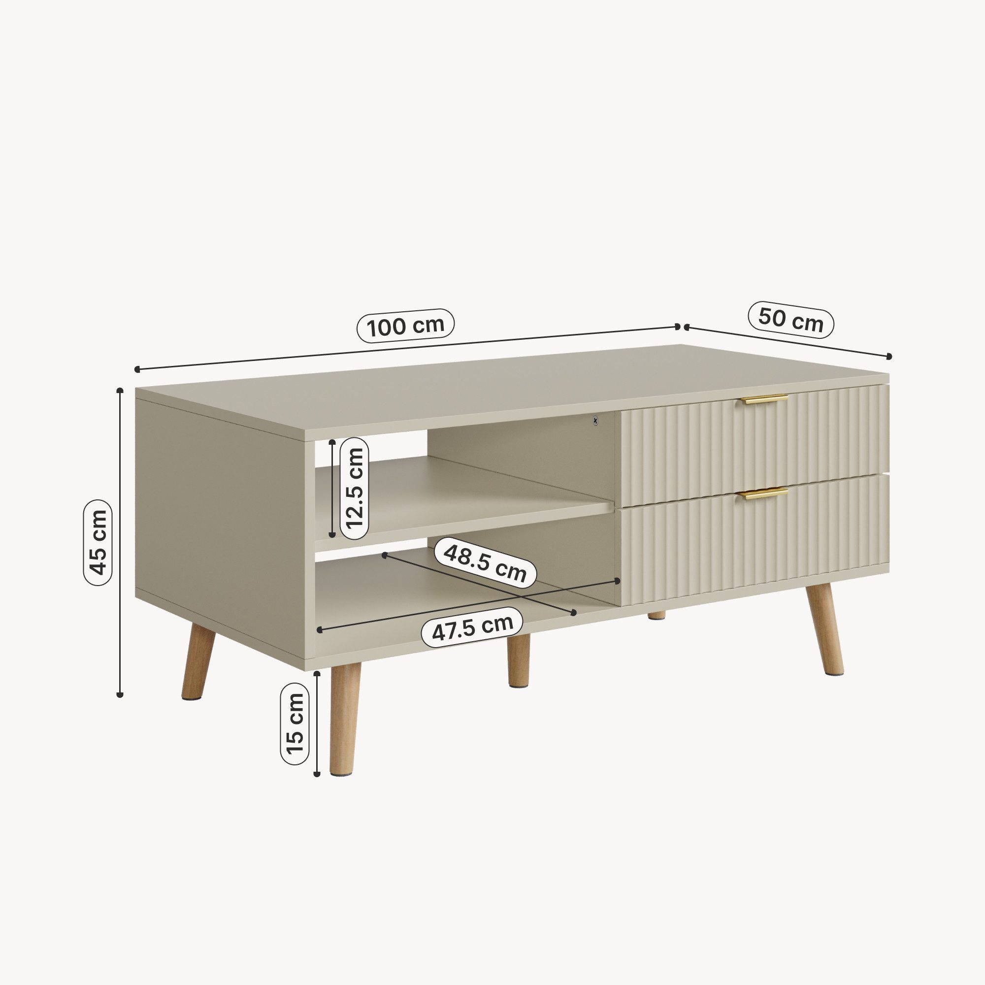 en.casa Couchtisch, »Nand« mit 2 Schubladen 100 x 50 x 45 cm Sandfarben
